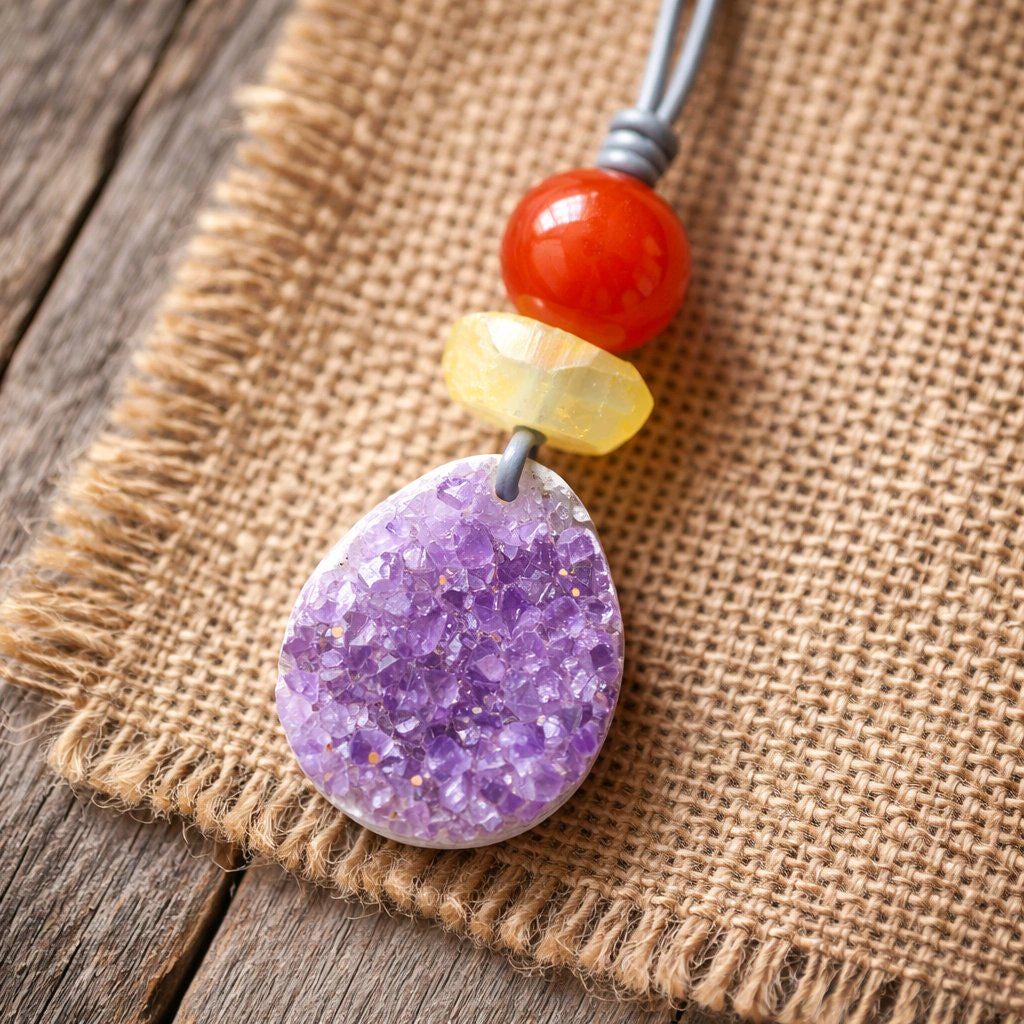 Amethyst Necklace Natural Crystal Druzy Pendant, Chunky Carnelian Geometric Jewelry for Men Women with Adjustable Leather Cord up to 30