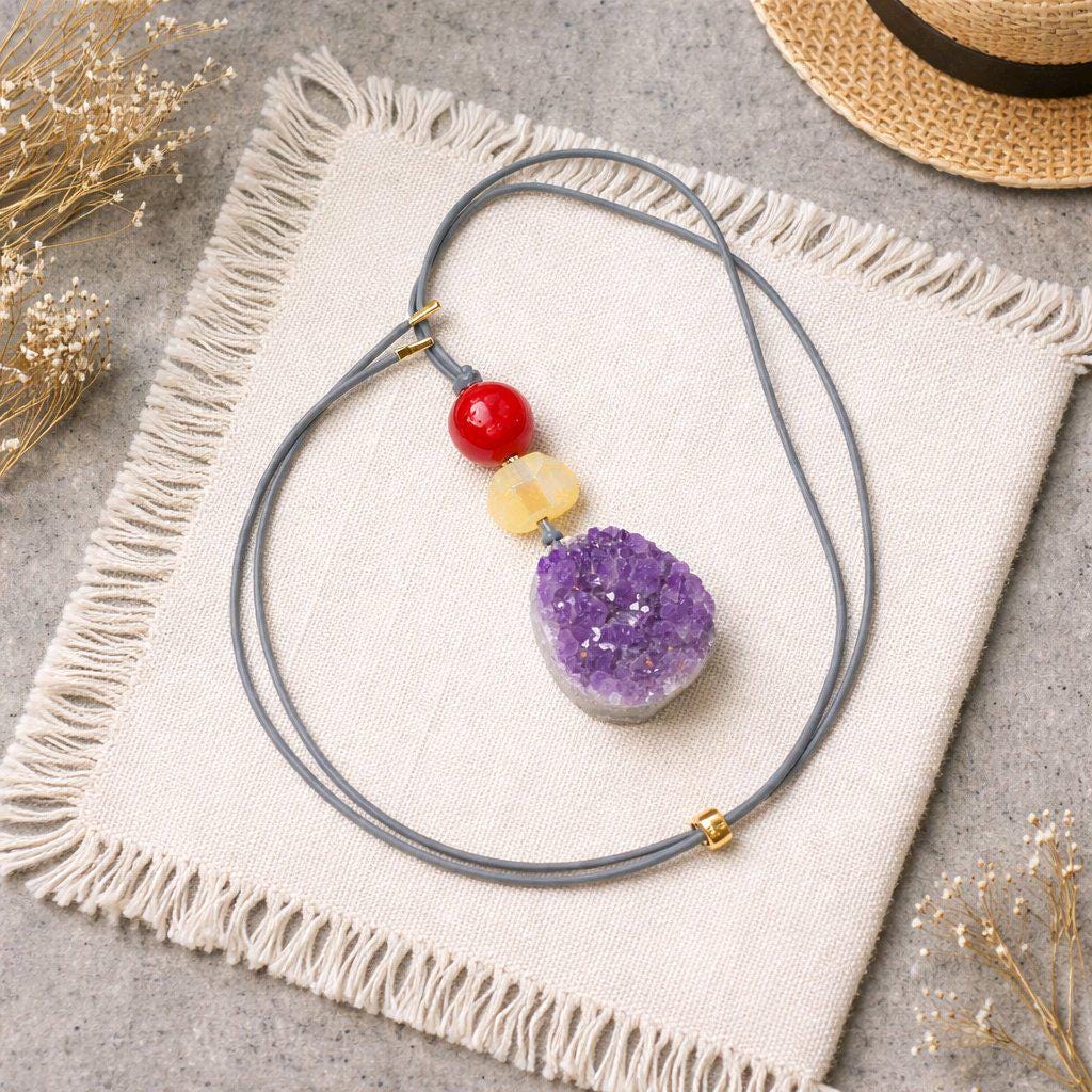 Amethyst Necklace Natural Crystal Druzy Pendant, Chunky Carnelian Geometric Jewelry for Men Women with Adjustable Leather Cord up to 30