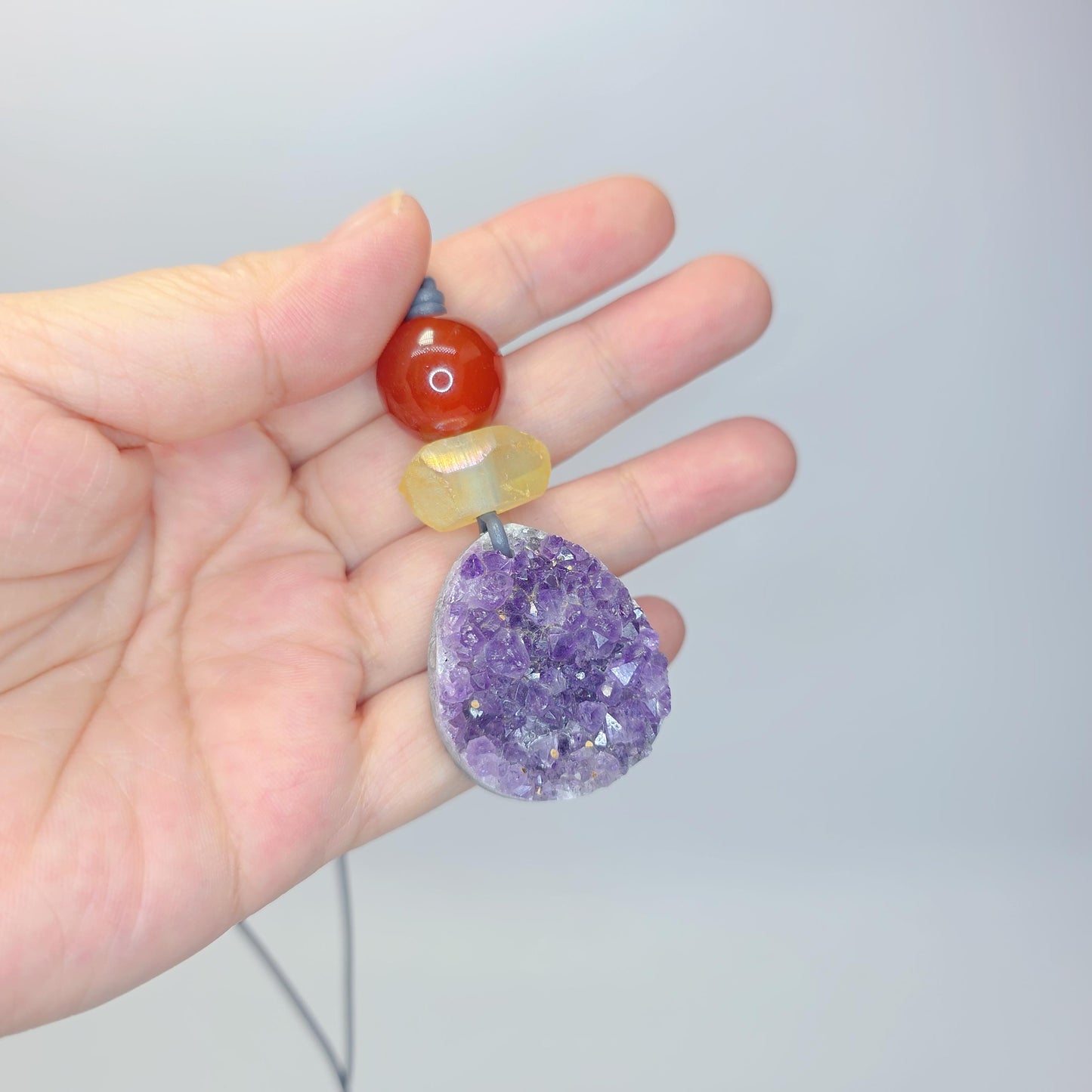 Amethyst Necklace Natural Crystal Druzy Pendant, Chunky Carnelian Geometric Jewelry for Men Women with Adjustable Leather Cord up to 30