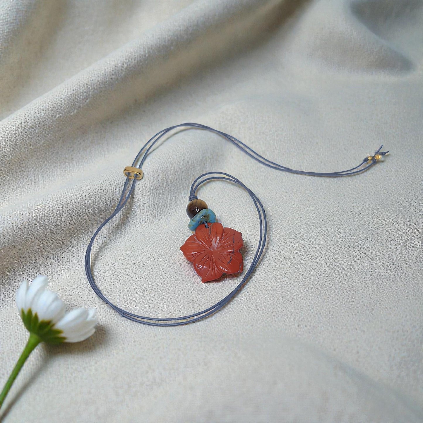 Red Jasper Necklace Flower Crystal Pendant, Chunky Tigers Eye Geometric Jewelry for Women Men with Adjustable Leather Cord up to 24 inches