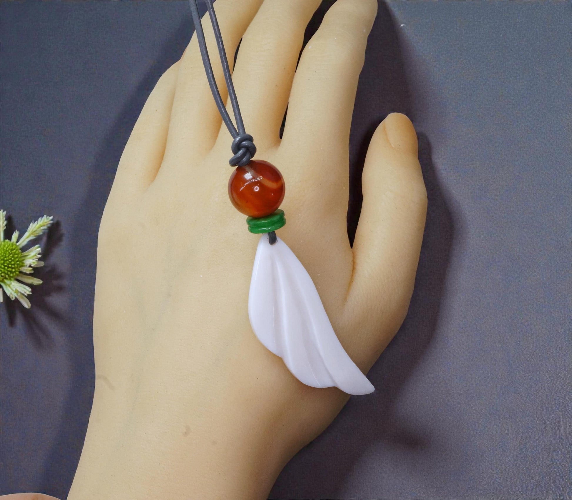 Angel Wing Necklace, Chunky Geometric Carnelian & Emerald Jade Pendant, Hand-Carved Spiritual Jewelry, Adjustable Leather Gift #2586