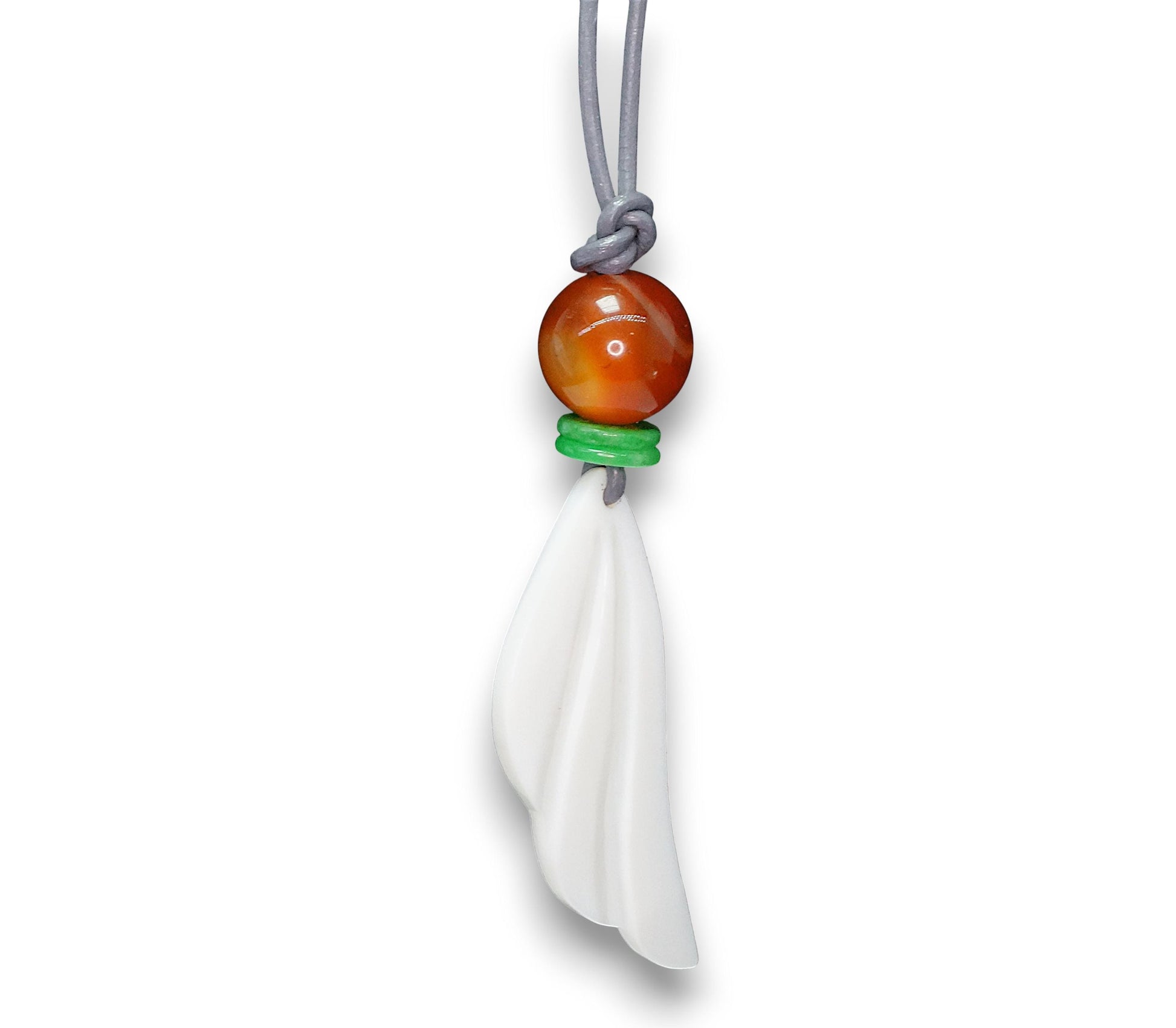 Angel Wing Necklace, Chunky Geometric Carnelian & Emerald Jade Pendant, Hand-Carved Spiritual Jewelry, Adjustable Leather Gift #2586