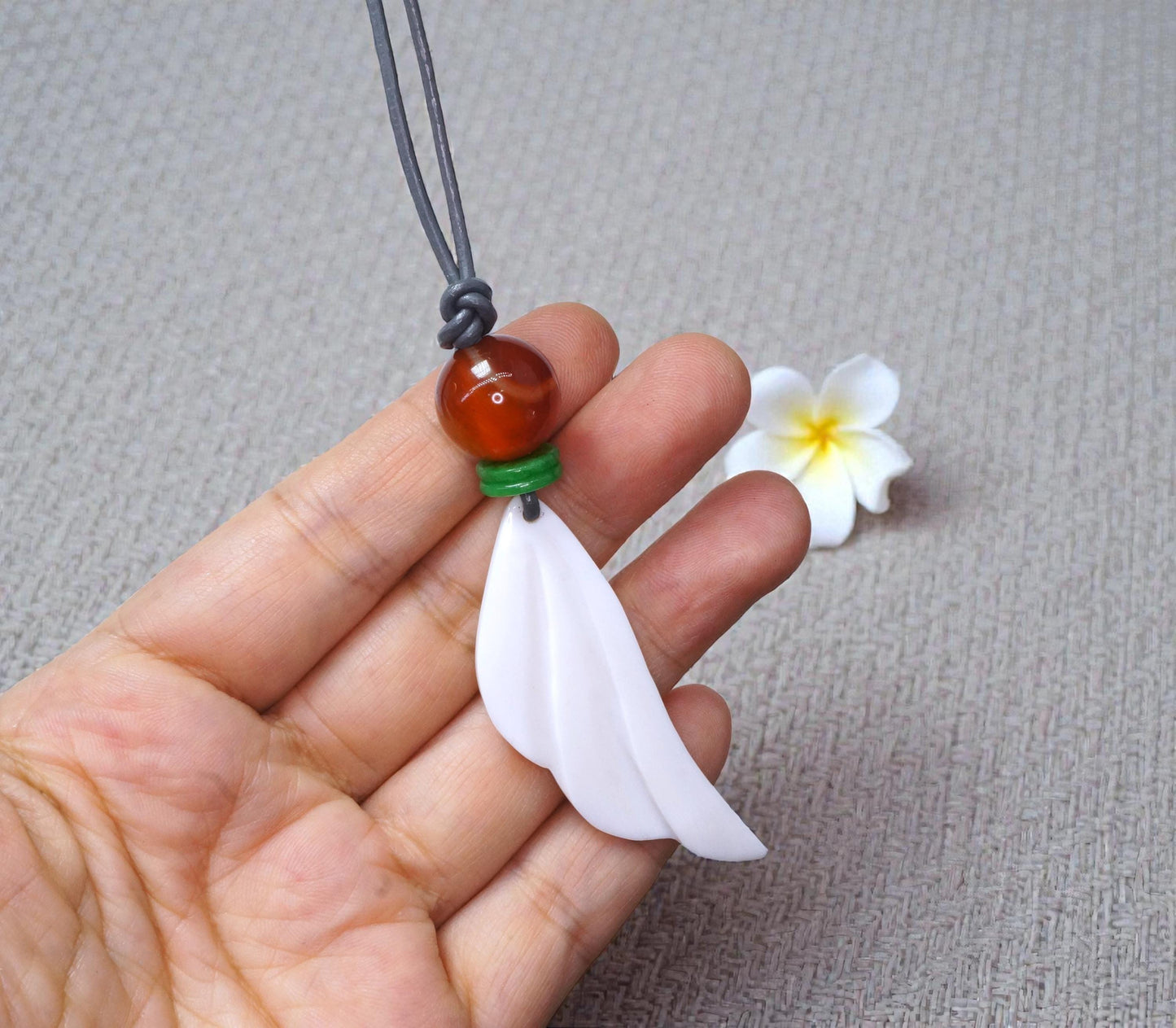 Angel Wing Necklace, Chunky Geometric Carnelian & Emerald Jade Pendant, Hand-Carved Spiritual Jewelry, Adjustable Leather Gift #2586