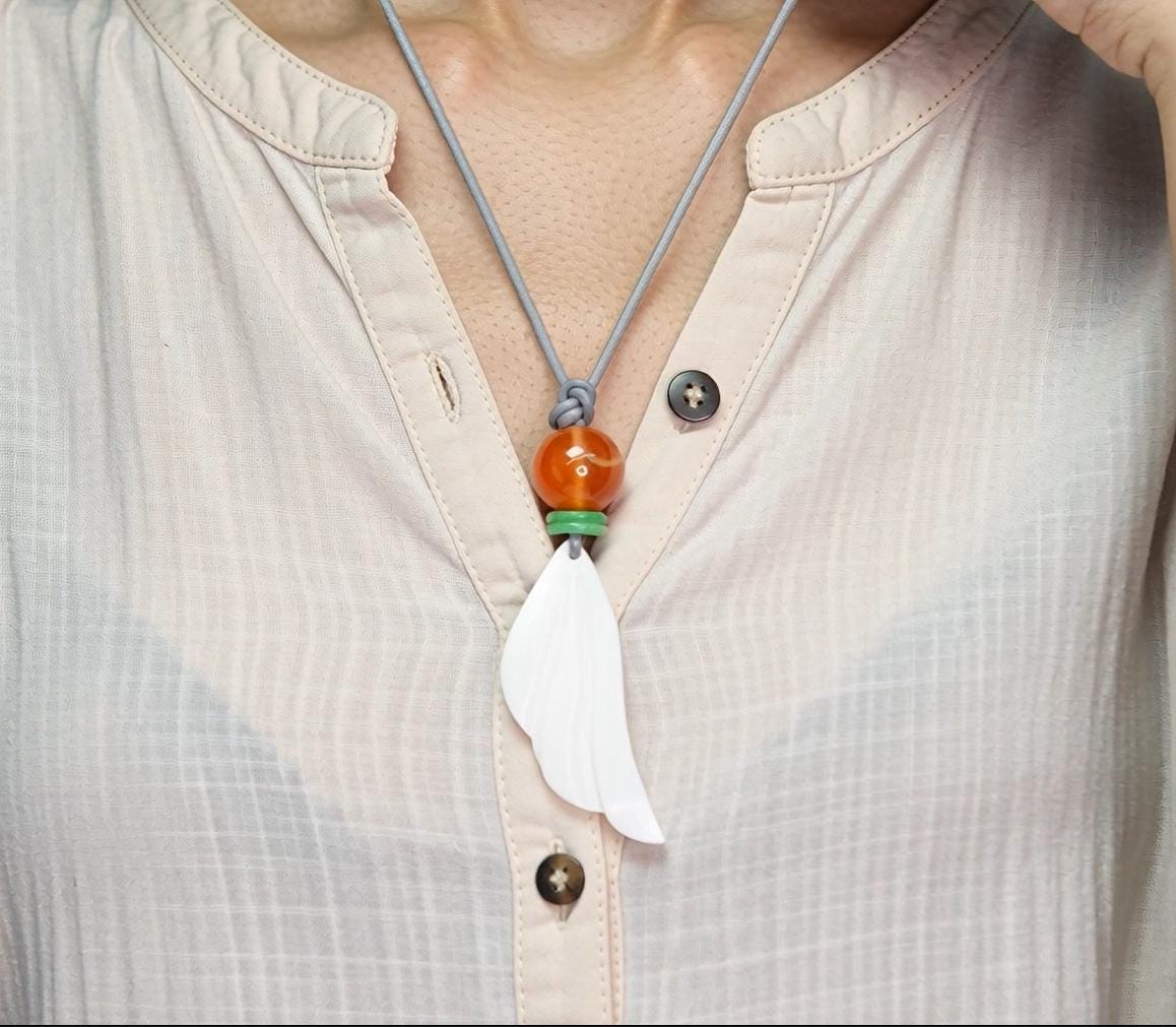Angel Wing Necklace, Chunky Geometric Carnelian & Emerald Jade Pendant, Hand-Carved Spiritual Jewelry, Adjustable Leather Gift #2586