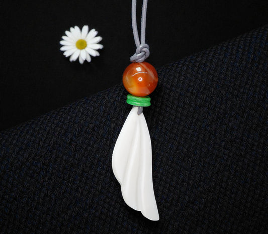 Angel Wing Necklace, Chunky Geometric Carnelian & Emerald Jade Pendant, Hand-Carved Spiritual Jewelry, Adjustable Leather Gift #2586