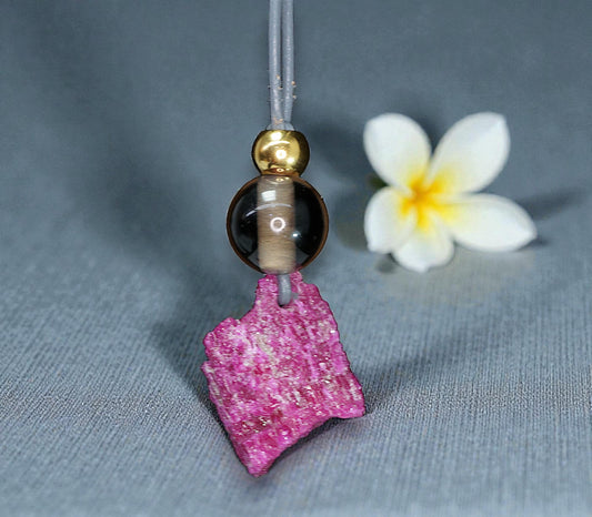 Chunky Raw Ruby Necklace, Geometric Smoky Quartz Pendant, Natural Rough Stone Jewelry, Adjustable Leather Cord Gift for Her #2585