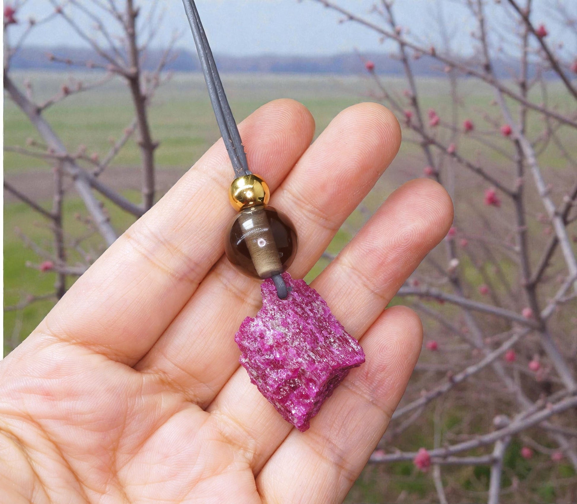 Chunky Raw Ruby Necklace, Geometric Smoky Quartz Pendant, Natural Rough Stone Jewelry, Adjustable Leather Cord Gift for Her #2585