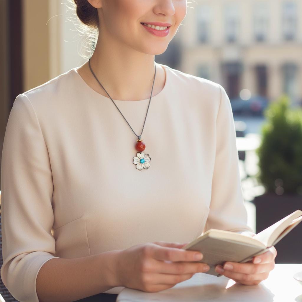 Black Shell Flower Necklace, Geometric Blue Opal & 12mm Carnelian Pendant, Hand-Carved Floral Jewelry, Adjustable Leather Gift Chunky #2584