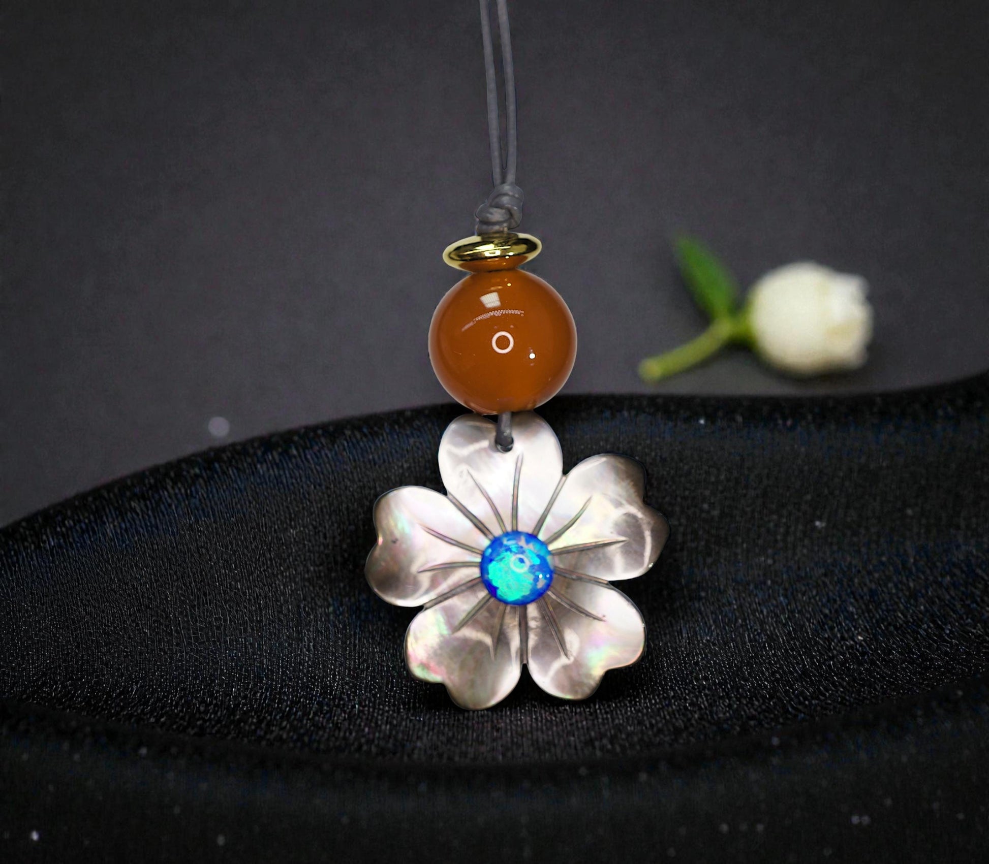 Black Shell Flower Necklace, Geometric Blue Opal & 12mm Carnelian Pendant, Hand-Carved Floral Jewelry, Adjustable Leather Gift Chunky #2584