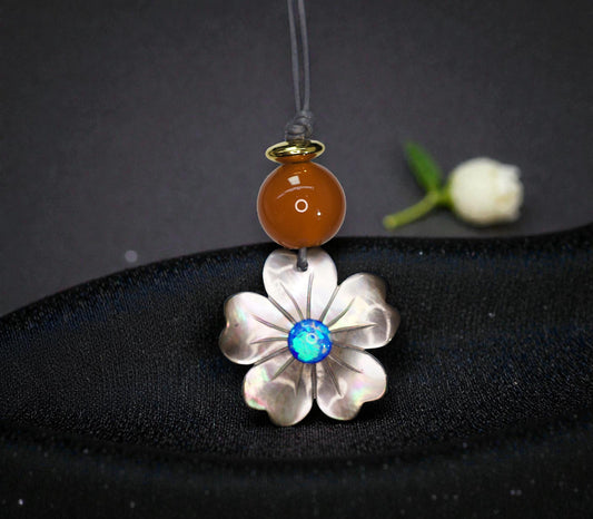Black Shell Flower Necklace, Geometric Blue Opal & 12mm Carnelian Pendant, Hand-Carved Floral Jewelry, Adjustable Leather Gift Chunky #2584