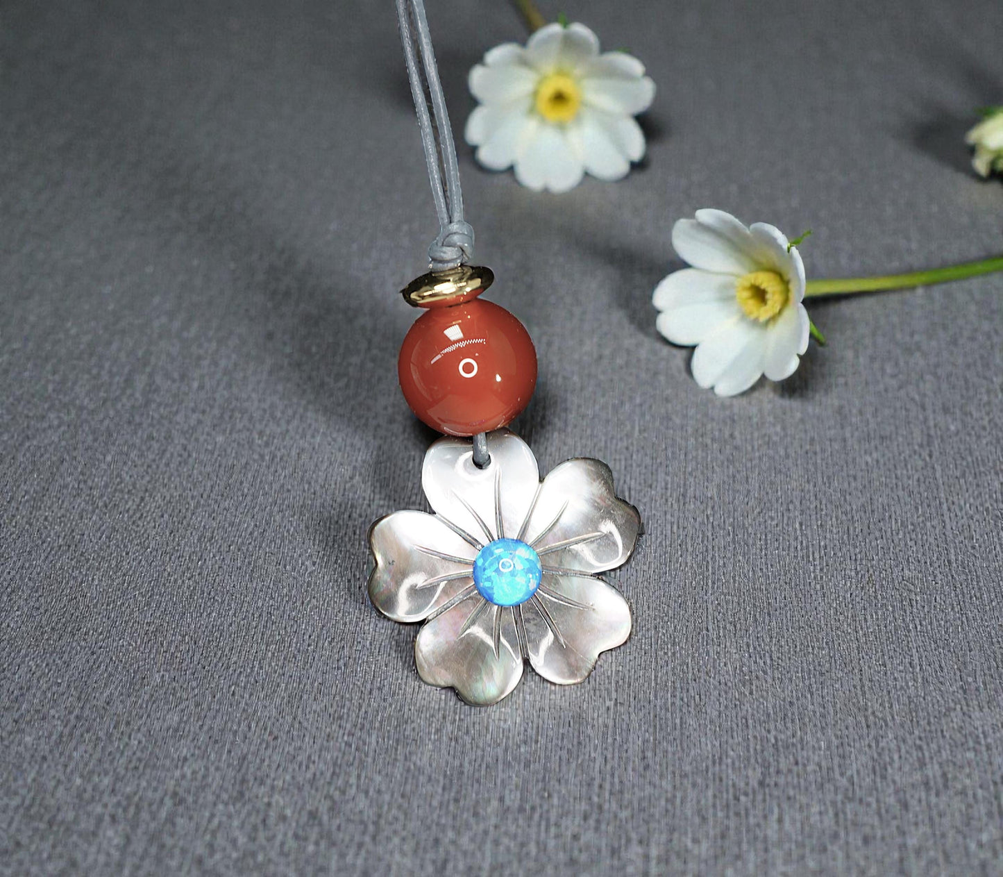 Black Shell Flower Necklace, Geometric Blue Opal & 12mm Carnelian Pendant, Hand-Carved Floral Jewelry, Adjustable Leather Gift Chunky #2584