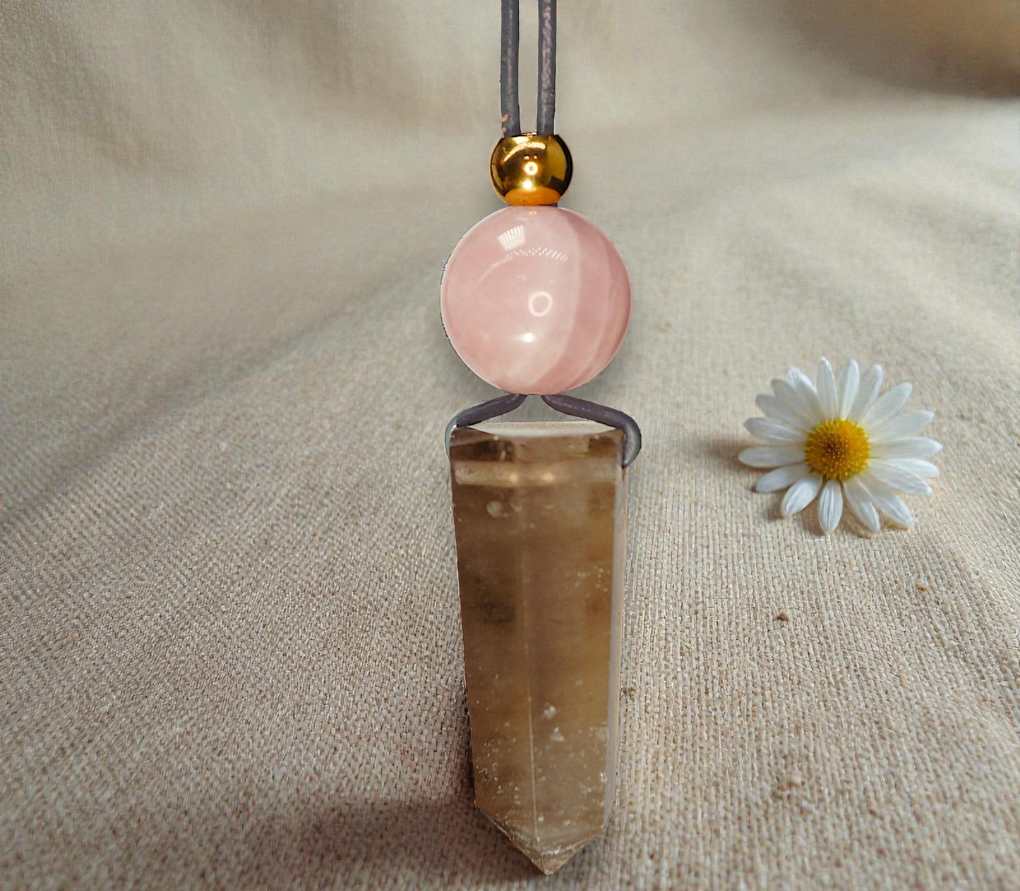 Chunky Smoky Quartz Point Necklace, Geometric Rose Quartz Pendant, Natural Crystal Jewelry, Adjustable Leather #2583