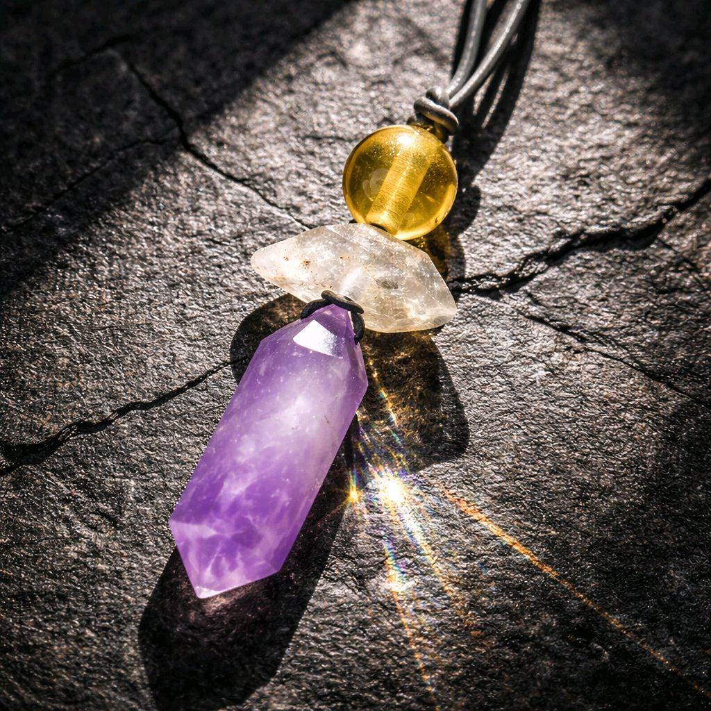 Amethyst Crystal Point Pendant Necklace, Chunky Geometric Raw Citrine Clear Quartz Healing Jewelry, Adjustable Leather Cord