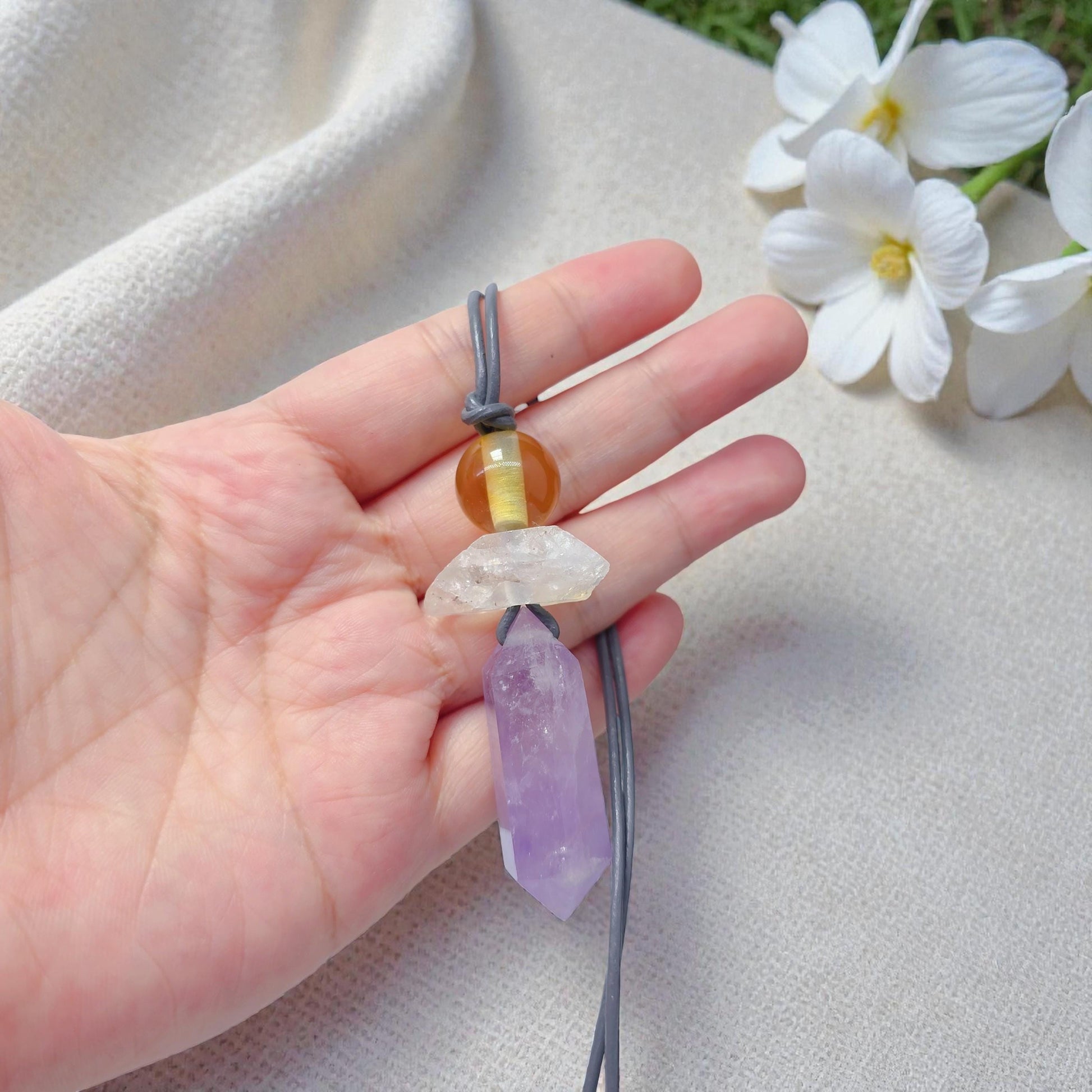 Amethyst Crystal Point Pendant Necklace, Chunky Geometric Raw Citrine Clear Quartz Healing Jewelry, Adjustable Leather Cord