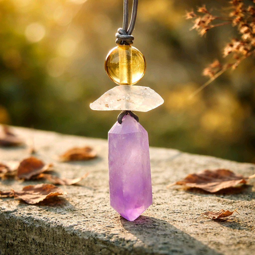 Amethyst Crystal Point Pendant Necklace, Chunky Geometric Raw Citrine Clear Quartz Healing Jewelry, Adjustable Leather Cord