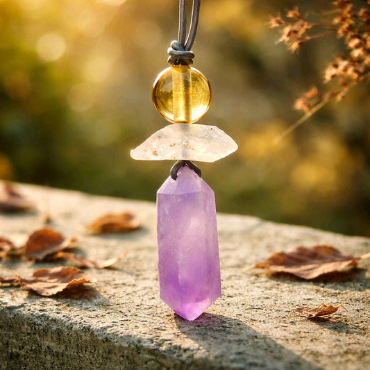 Amethyst Crystal Point Pendant Necklace, Chunky Geometric Raw Citrine Clear Quartz Healing Jewelry, Adjustable Leather Cord