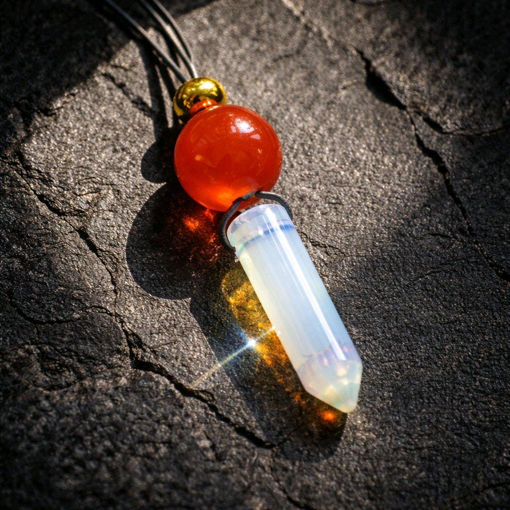Opalite Crystal Point Pendant Necklace, Chunky Geometric Red Carnelian Healing Stone Jewelry, Adjustable Leather Cord