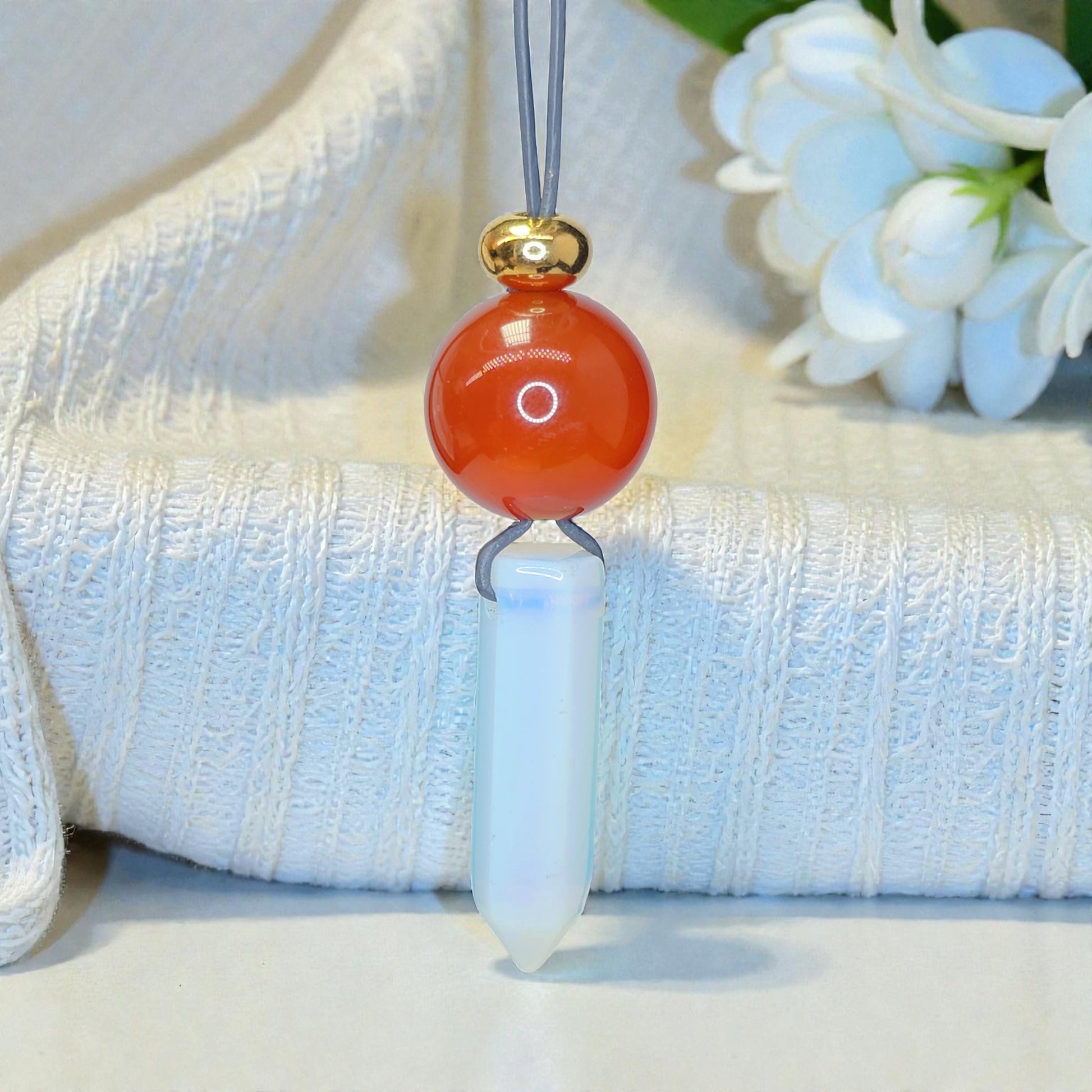 Opalite Crystal Point Pendant Necklace, Chunky Geometric Red Carnelian Healing Stone Jewelry, Adjustable Leather Cord