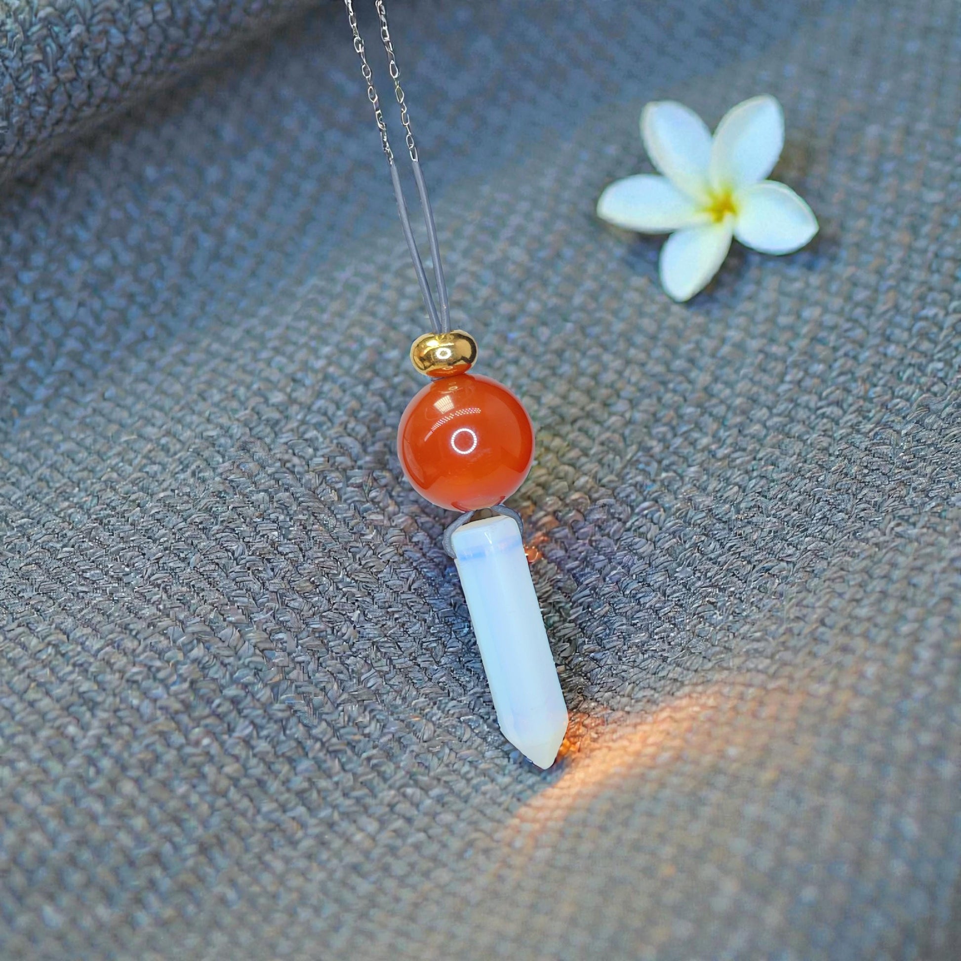 Opalite Crystal Point Pendant Necklace, Chunky Geometric Red Carnelian Healing Stone Jewelry, Adjustable Leather Cord
