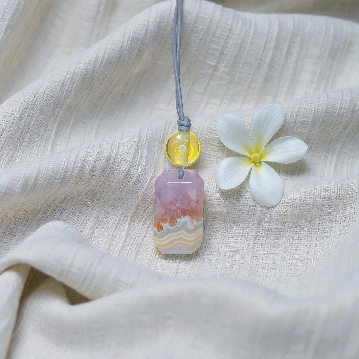 Chevron Amethyst Crystal Pendant Necklace, Chunky Geometric Citrine Healing Stone Jewelry, Adjustable Leather Cord