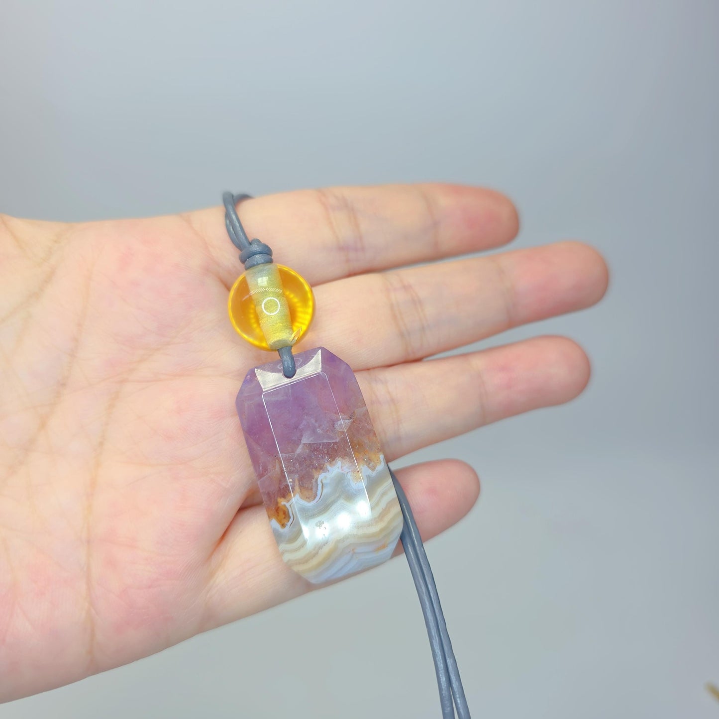 Chevron Amethyst Crystal Pendant Necklace, Chunky Geometric Citrine Healing Stone Jewelry, Adjustable Leather Cord