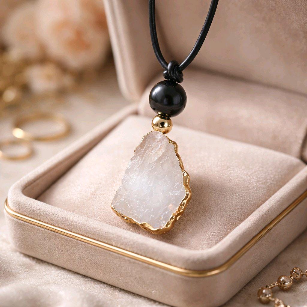 Clear Quartz Pendant Necklace, Chunky Geometric Obsidian Healing Crystal Jewelry, Adjustable Leather Cord