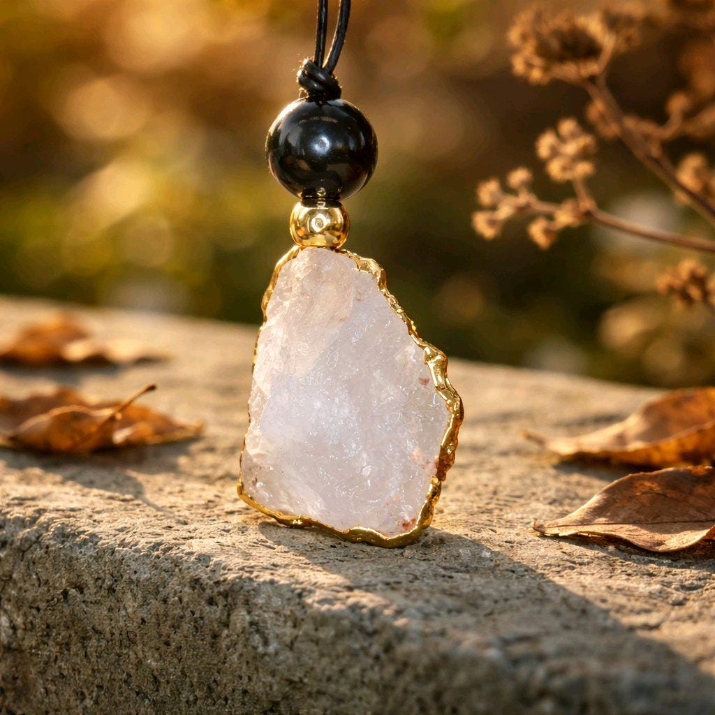 Clear Quartz Pendant Necklace, Chunky Geometric Obsidian Healing Crystal Jewelry, Adjustable Leather Cord