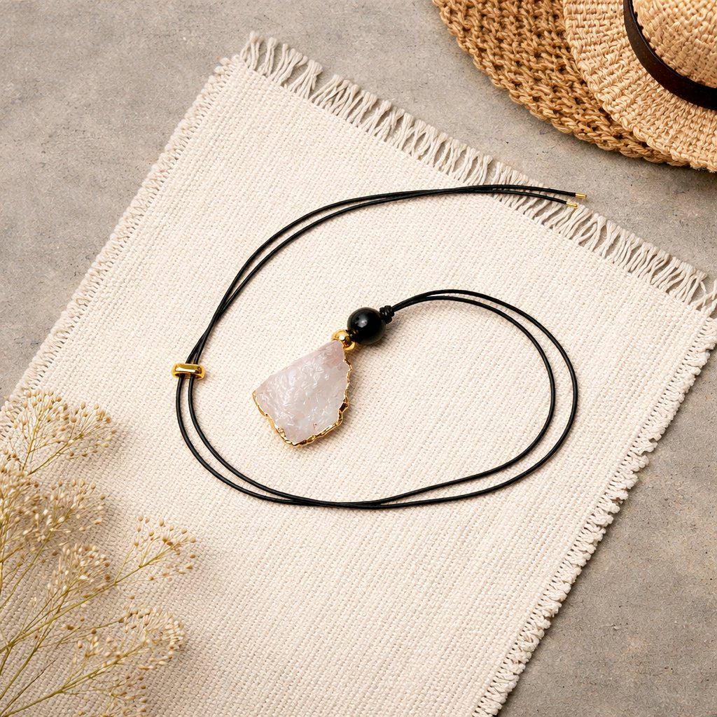 Clear Quartz Pendant Necklace, Chunky Geometric Obsidian Healing Crystal Jewelry, Adjustable Leather Cord