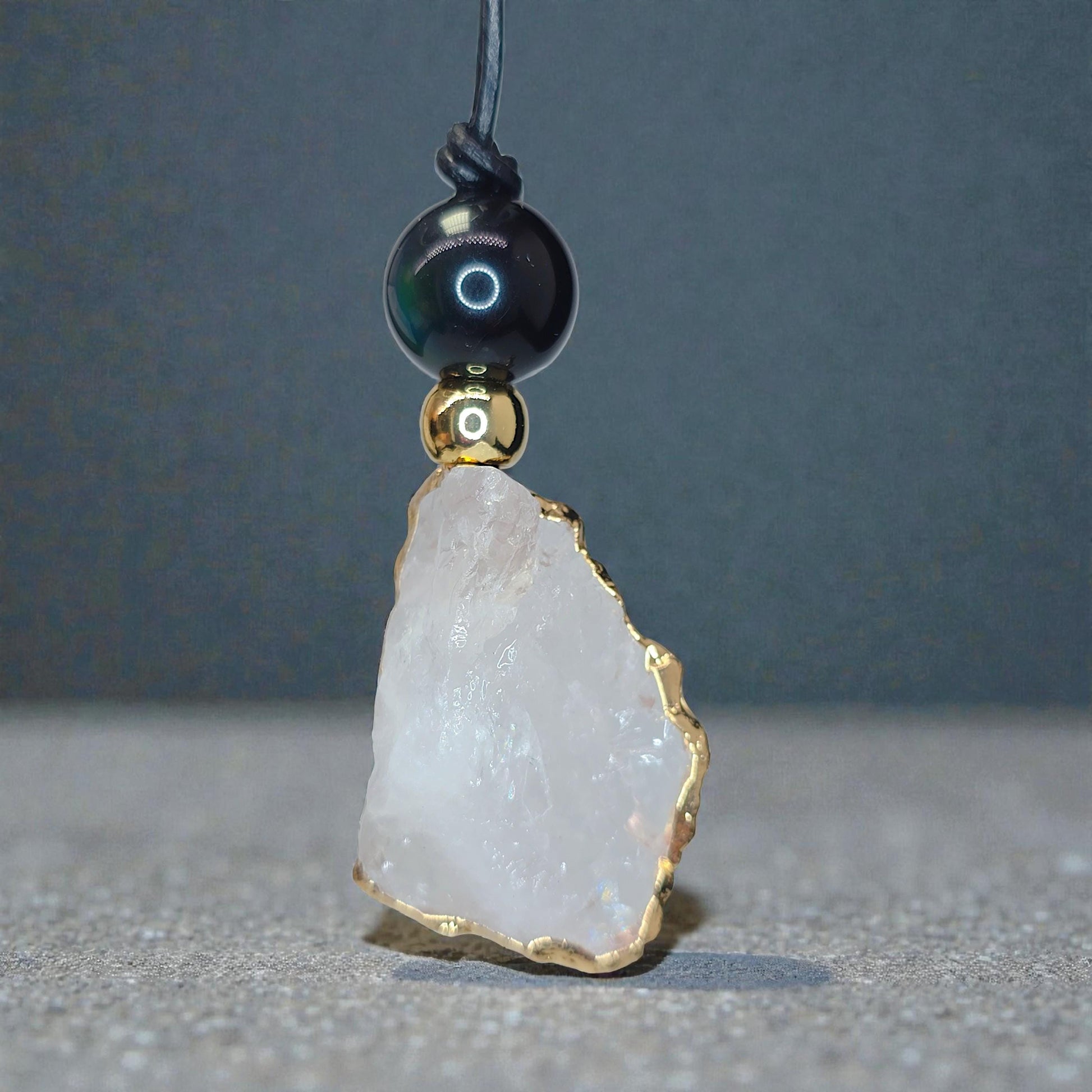 Clear Quartz Pendant Necklace, Chunky Geometric Obsidian Healing Crystal Jewelry, Adjustable Leather Cord