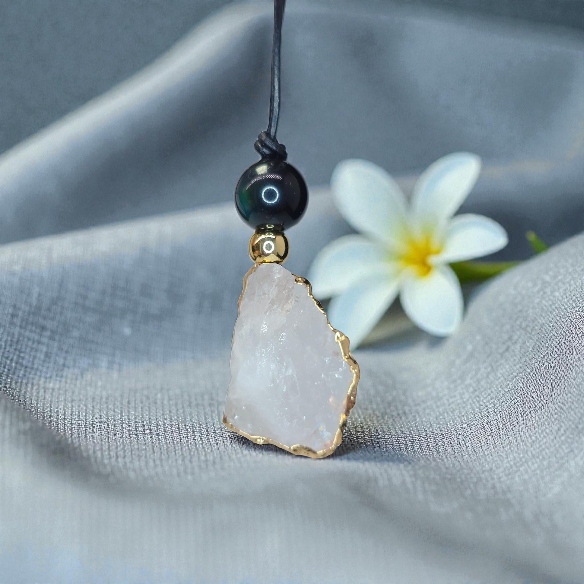 Clear Quartz Pendant Necklace, Chunky Geometric Obsidian Healing Crystal Jewelry, Adjustable Leather Cord