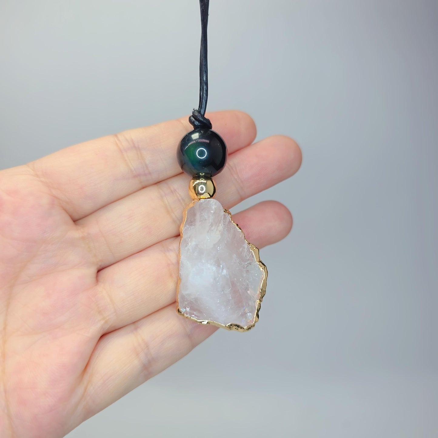 Clear Quartz Pendant Necklace, Chunky Geometric Obsidian Healing Crystal Jewelry, Adjustable Leather Cord