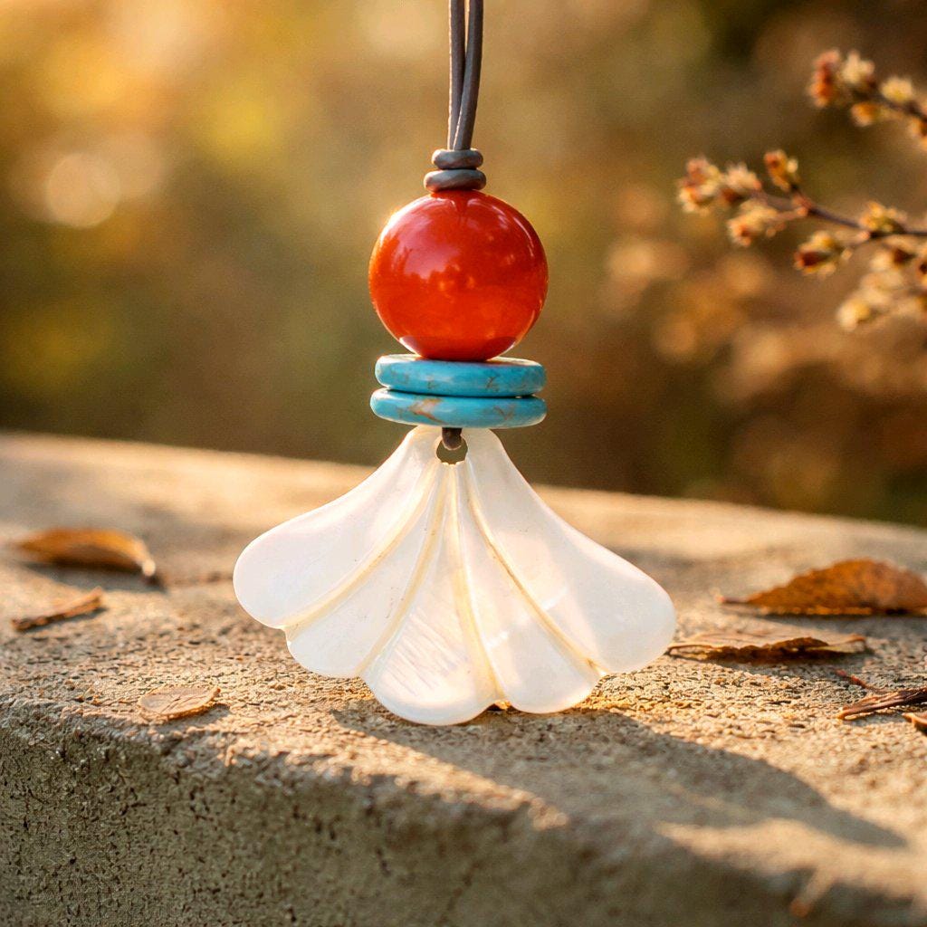 White Shell Fan Pendant Necklace, Chunky Geometric Turquoise Red Carnelian Healing Jewelry, Adjustable Leather Cord