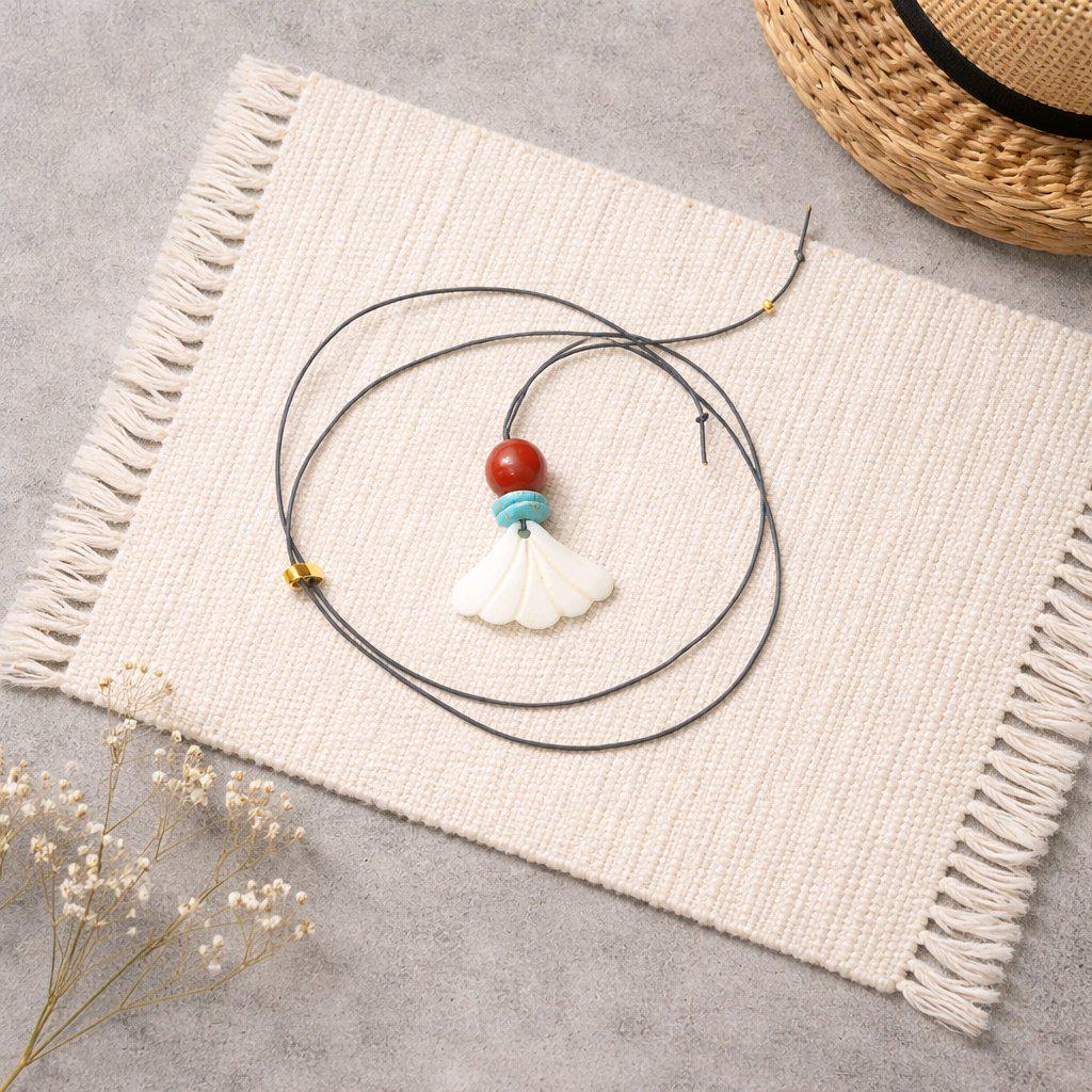 White Shell Fan Pendant Necklace, Chunky Geometric Turquoise Red Carnelian Healing Jewelry, Adjustable Leather Cord