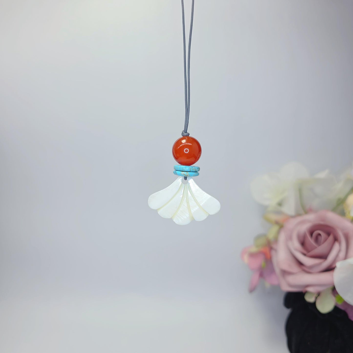 White Shell Fan Pendant Necklace, Chunky Geometric Turquoise Red Carnelian Healing Jewelry, Adjustable Leather Cord
