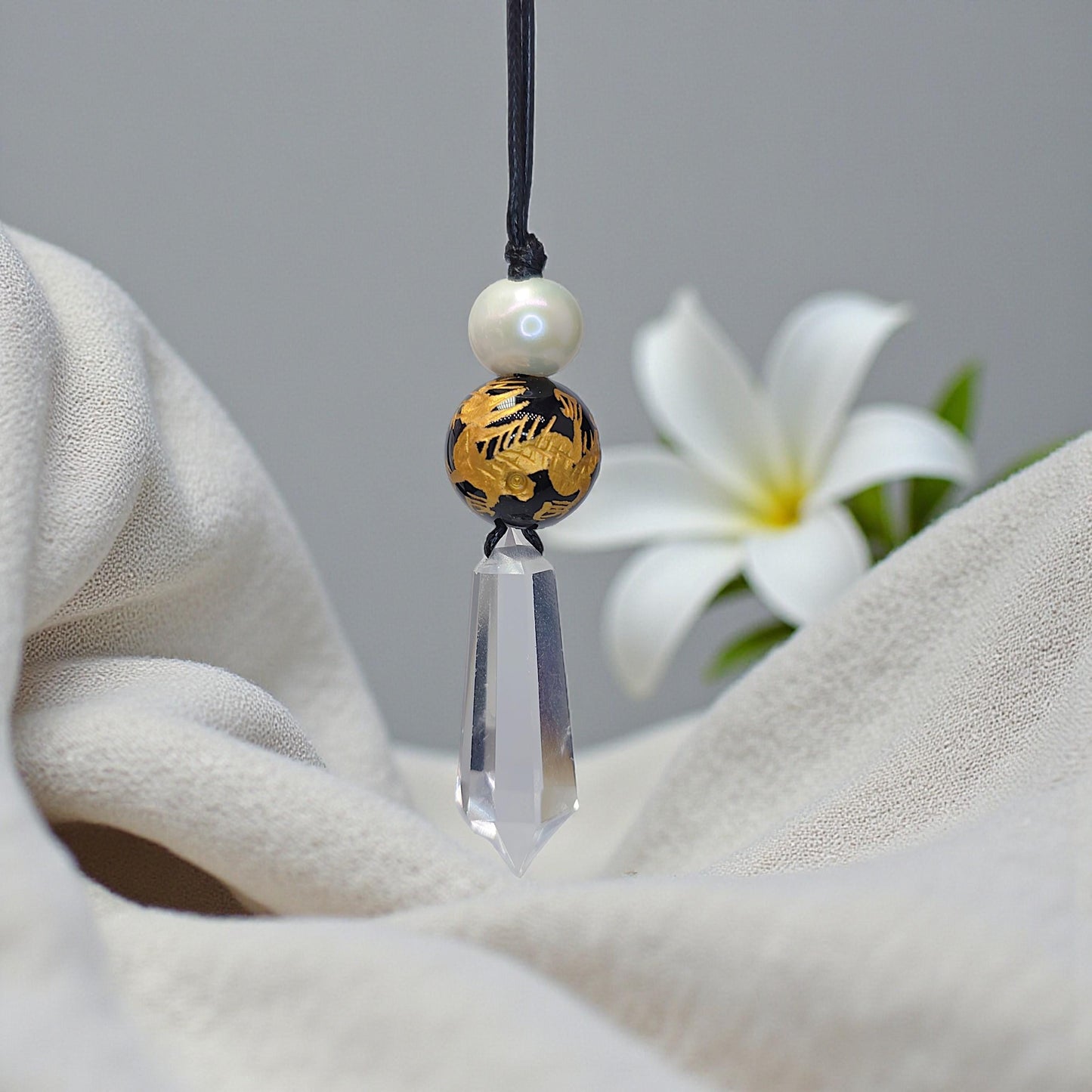 Clear Quartz Dragon Necklace, Black Onyx Chunky Geometric Pendant, Personalized Birthstone Jewelry for Men Women, Adjustable Leather Cord