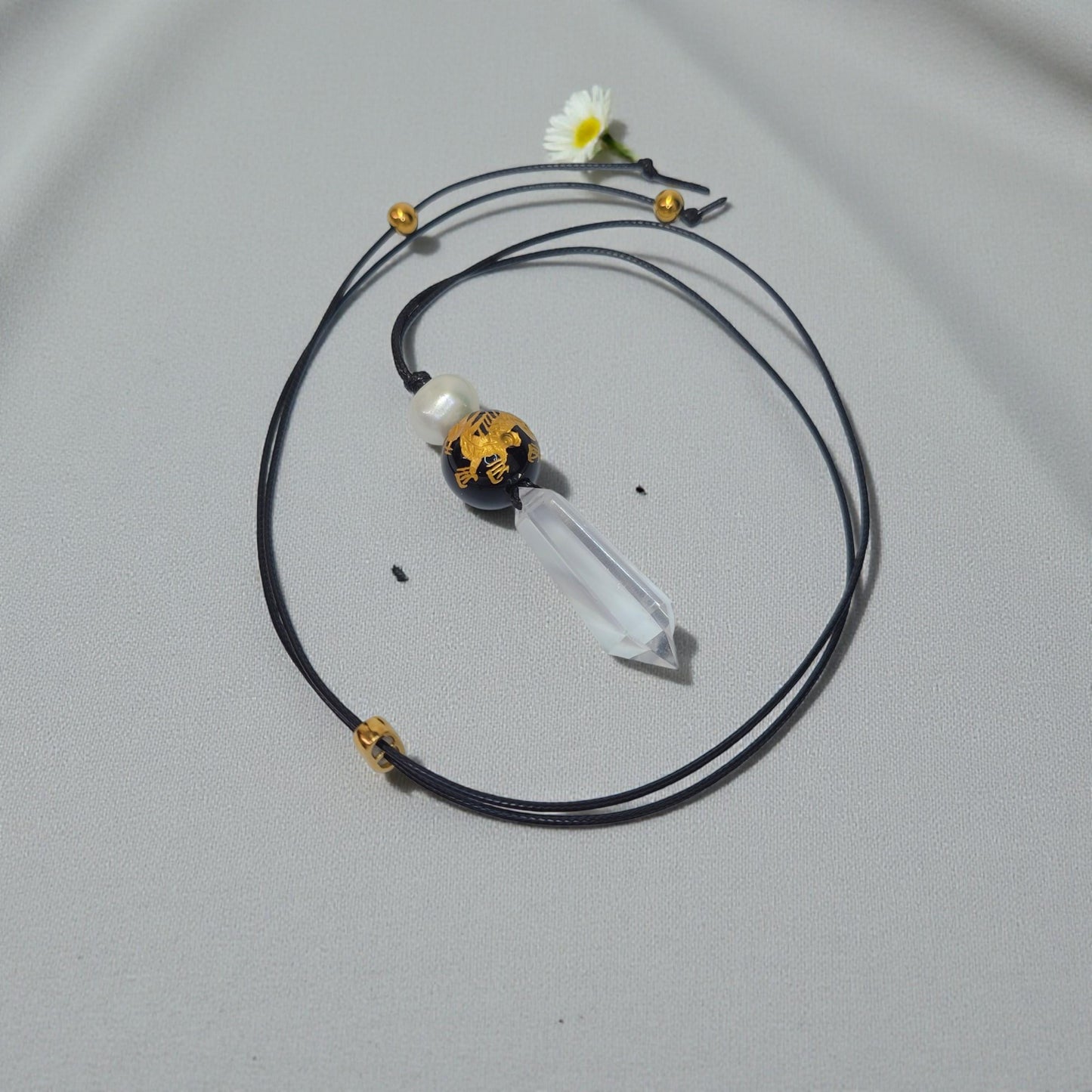 Clear Quartz Dragon Necklace, Black Onyx Chunky Geometric Pendant, Personalized Birthstone Jewelry for Men Women, Adjustable Leather Cord