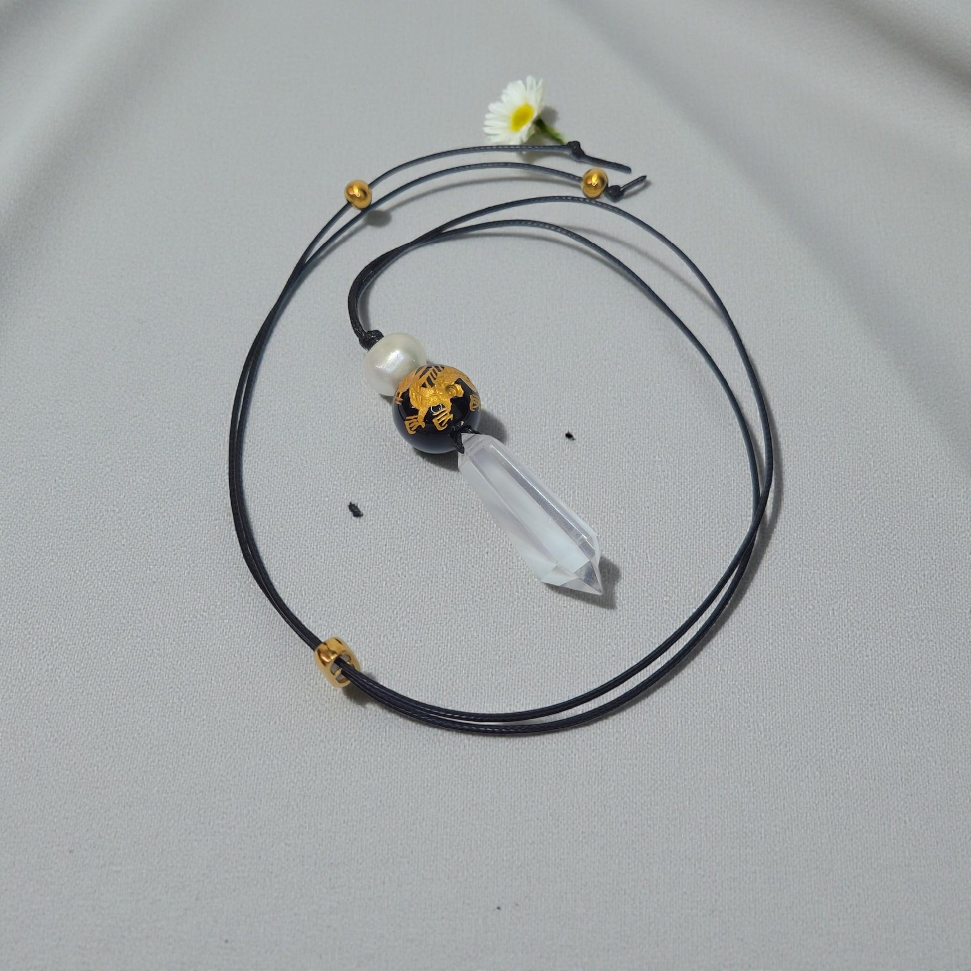 Clear Quartz Dragon Necklace, Black Onyx Chunky Geometric Pendant, Personalized Birthstone Jewelry for Men Women, Adjustable Leather Cord