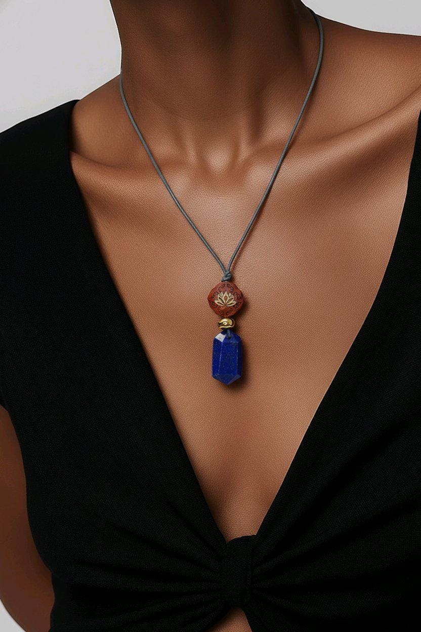 Lapis Lazuli Lotus Necklace, Red Sandalwood Chunky Geometric Pendant, September Birthstone Yoga Jewelry, Adjustable Leather Cord