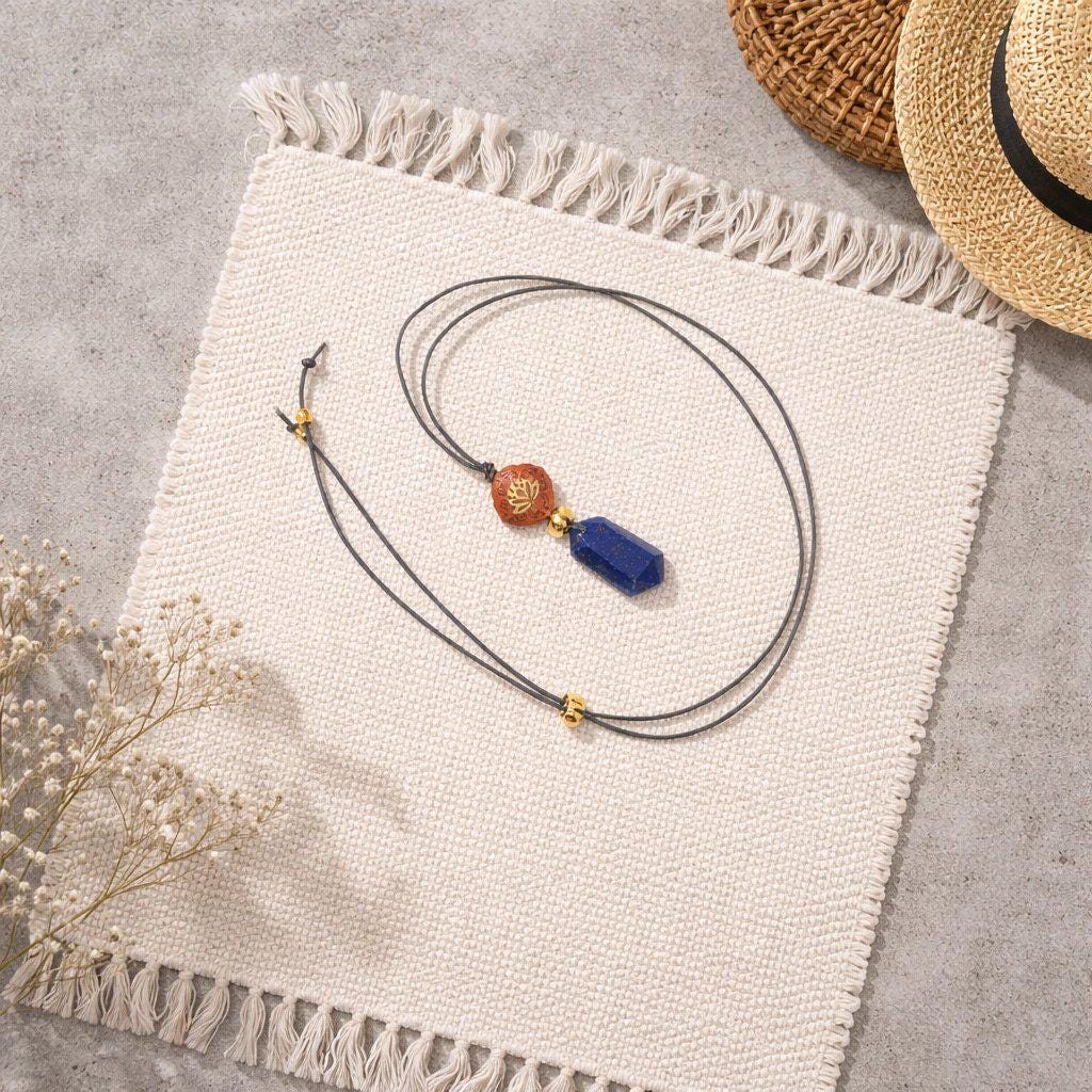 Lapis Lazuli Lotus Necklace, Red Sandalwood Chunky Geometric Pendant, September Birthstone Yoga Jewelry, Adjustable Leather Cord