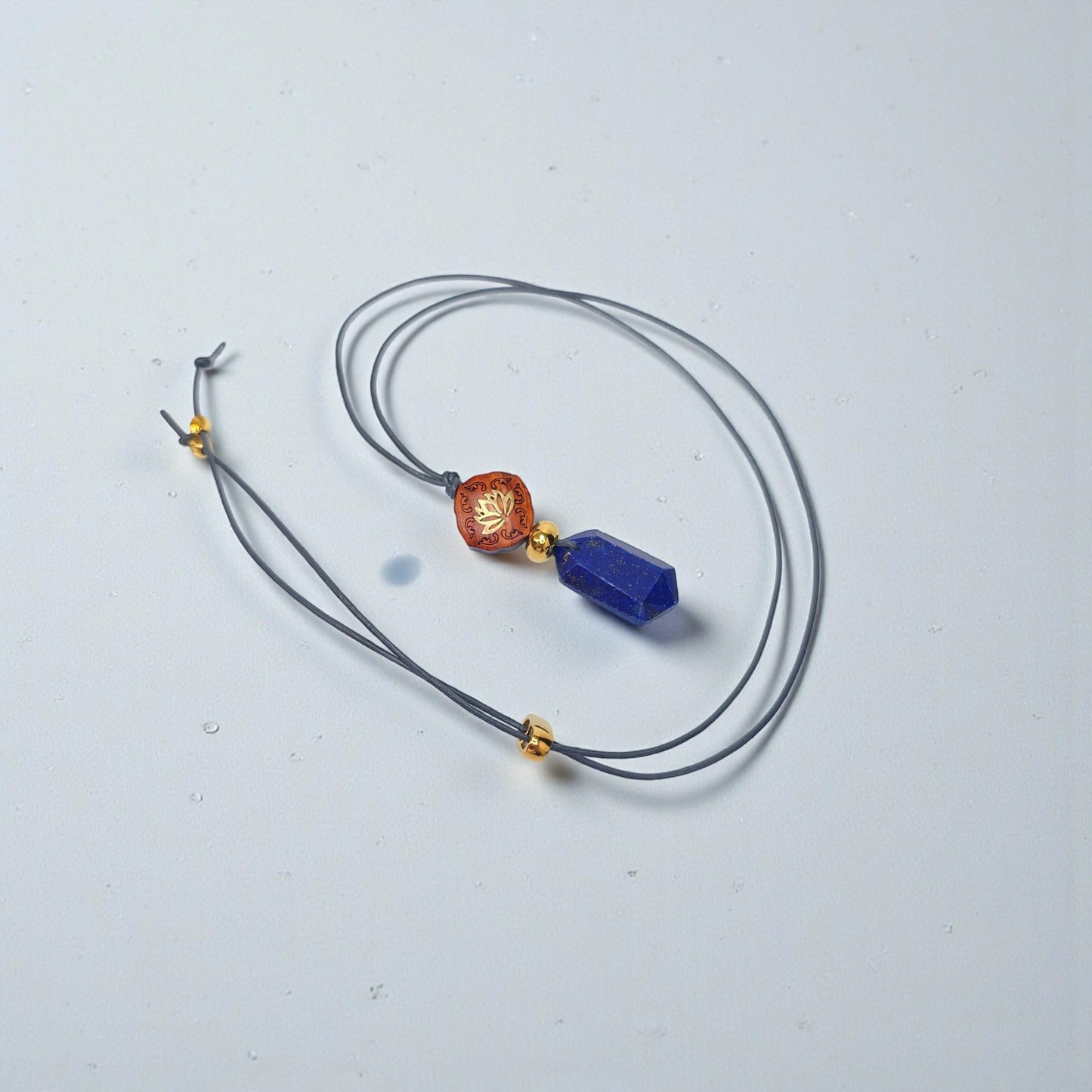 Lapis Lazuli Lotus Necklace, Red Sandalwood Chunky Geometric Pendant, September Birthstone Yoga Jewelry, Adjustable Leather Cord