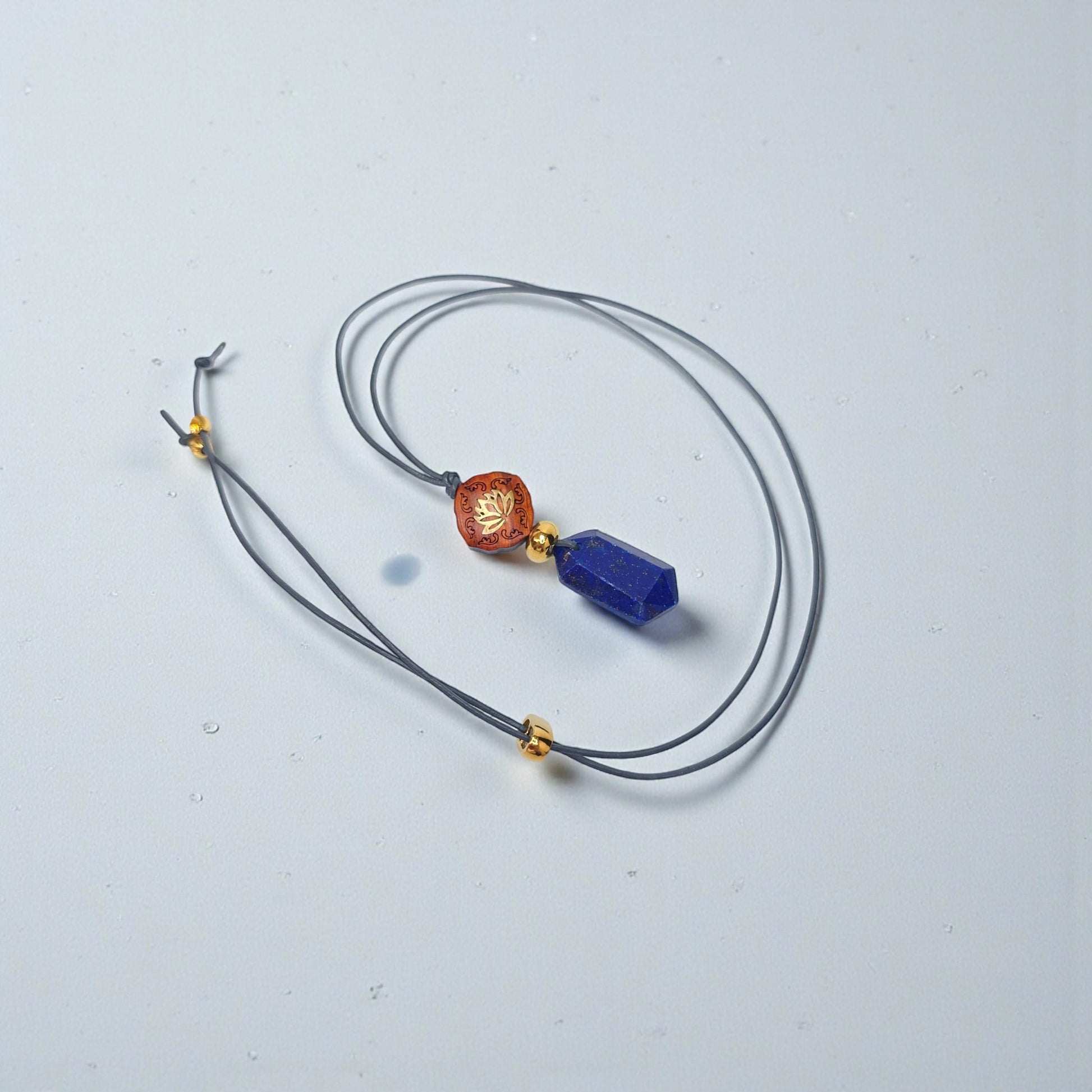 Lapis Lazuli Lotus Necklace, Red Sandalwood Chunky Geometric Pendant, September Birthstone Yoga Jewelry, Adjustable Leather Cord