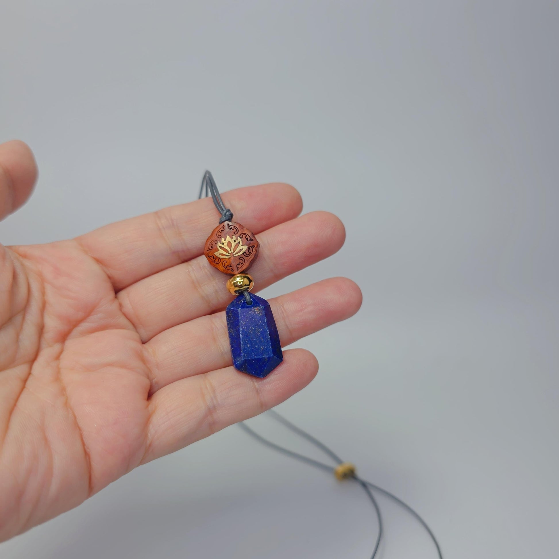 Lapis Lazuli Lotus Necklace, Red Sandalwood Chunky Geometric Pendant, September Birthstone Yoga Jewelry, Adjustable Leather Cord