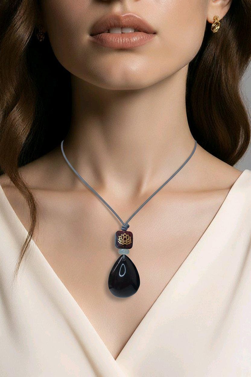 Obsidian Lotus Necklace, Red Sandalwood Chunky Geometric Pendant, Jade Birthstone Protection Jewelry, Adjustable Leather Cord