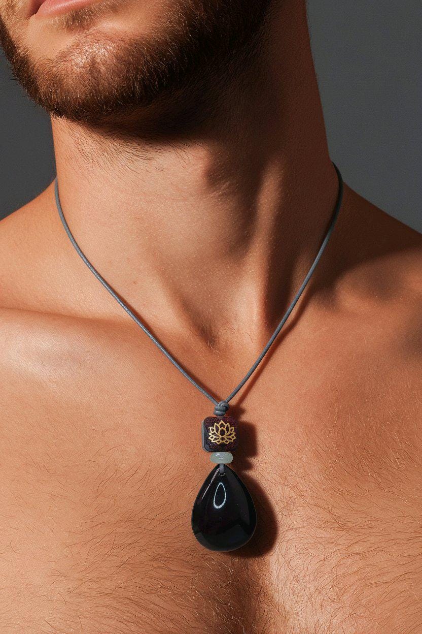 Obsidian Lotus Necklace, Red Sandalwood Chunky Geometric Pendant, Jade Birthstone Protection Jewelry, Adjustable Leather Cord