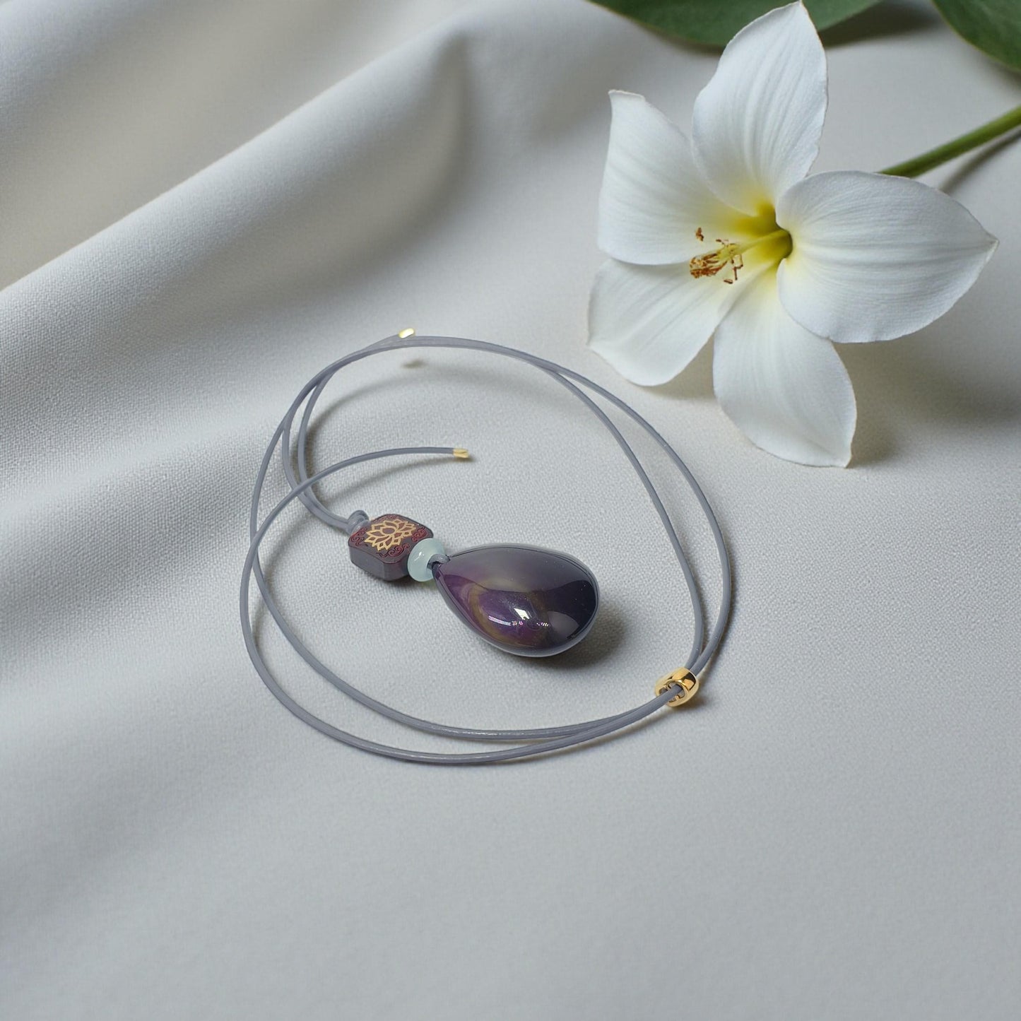 Obsidian Lotus Necklace, Red Sandalwood Chunky Geometric Pendant, Jade Birthstone Protection Jewelry, Adjustable Leather Cord