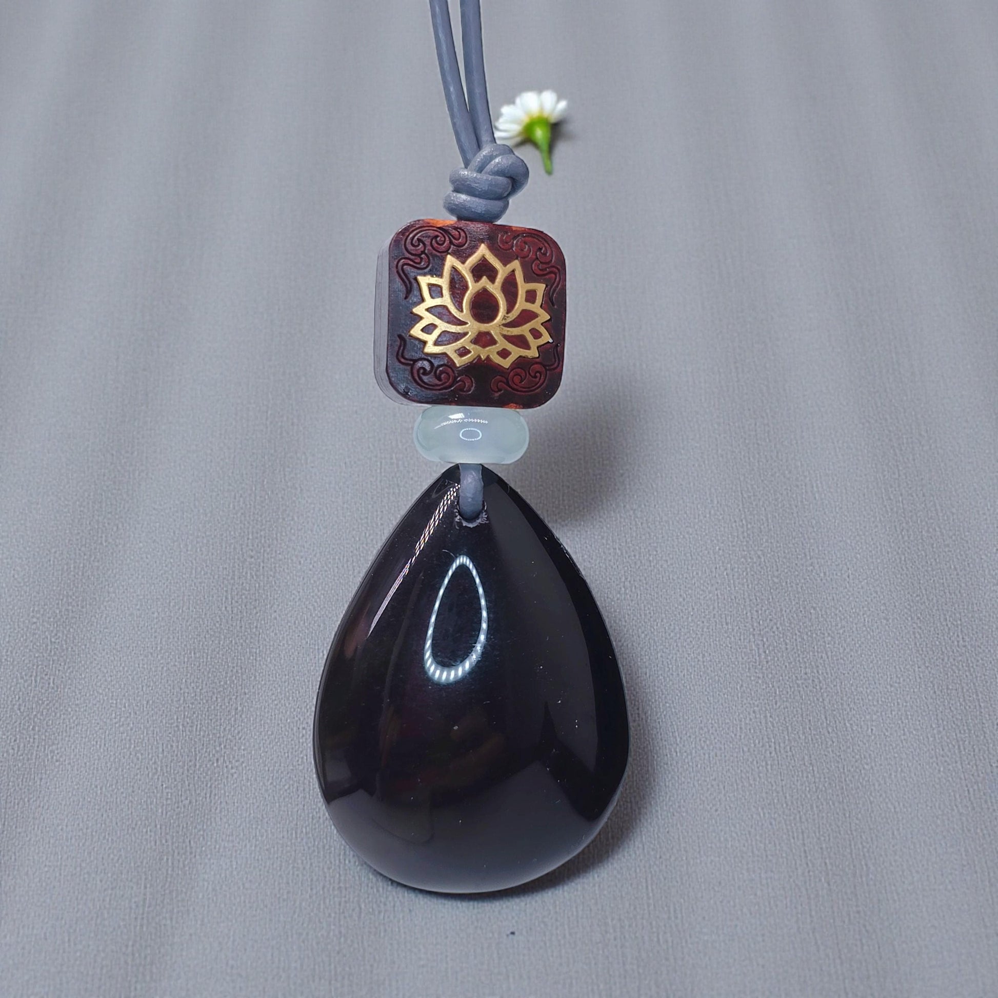 Obsidian Lotus Necklace, Red Sandalwood Chunky Geometric Pendant, Jade Birthstone Protection Jewelry, Adjustable Leather Cord