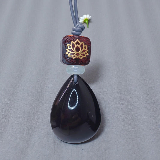 Obsidian Lotus Necklace, Red Sandalwood Chunky Geometric Pendant, Jade Birthstone Protection Jewelry, Adjustable Leather Cord