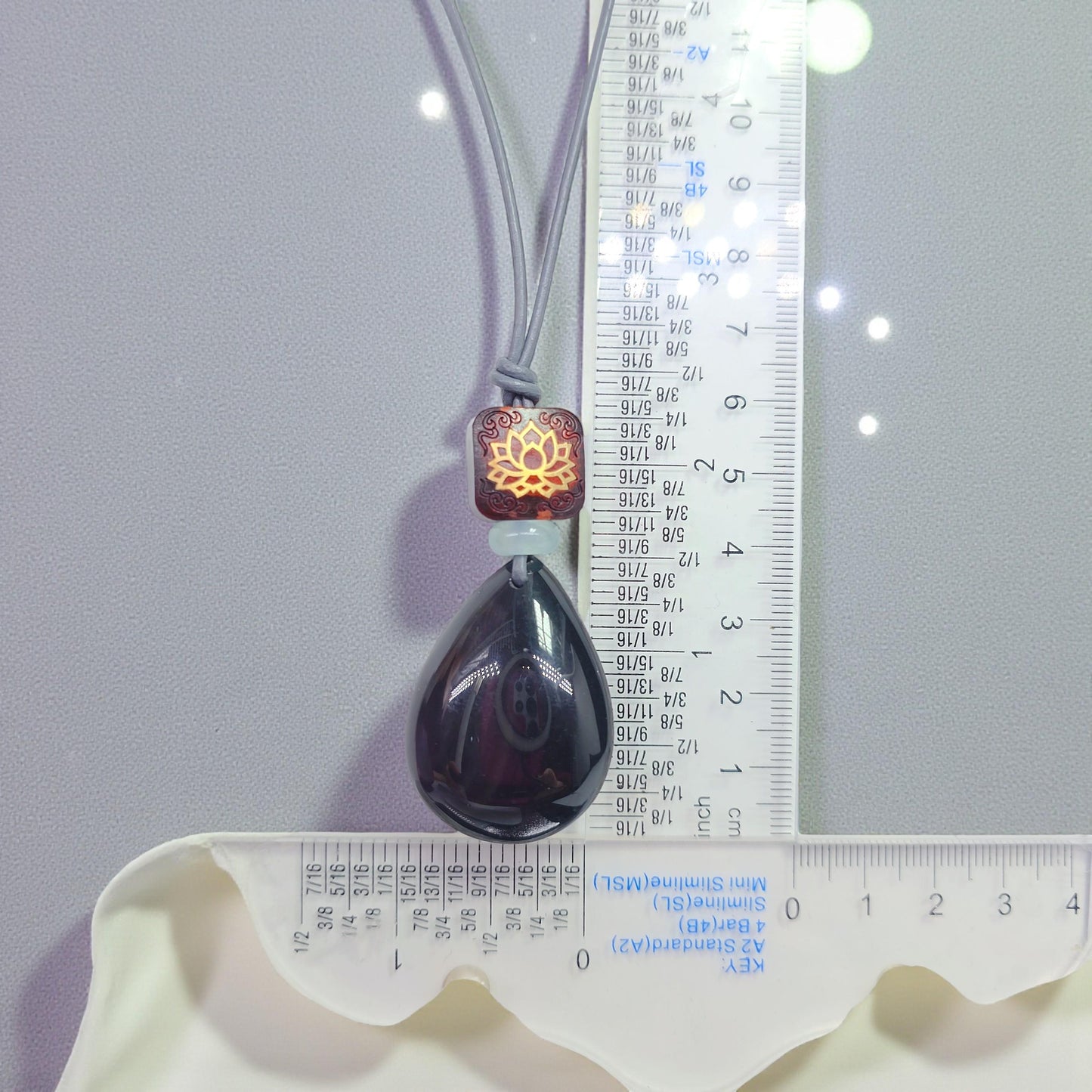 Obsidian Lotus Necklace, Red Sandalwood Chunky Geometric Pendant, Jade Birthstone Protection Jewelry, Adjustable Leather Cord