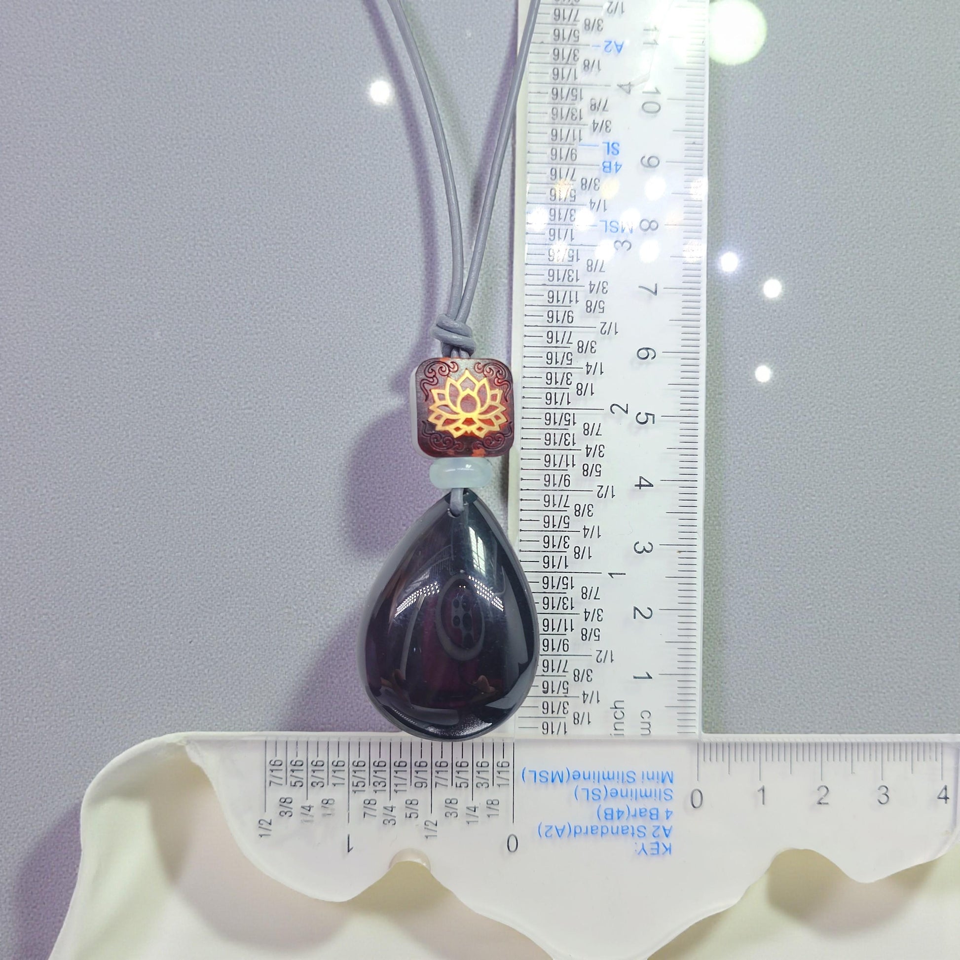 Obsidian Lotus Necklace, Red Sandalwood Chunky Geometric Pendant, Jade Birthstone Protection Jewelry, Adjustable Leather Cord