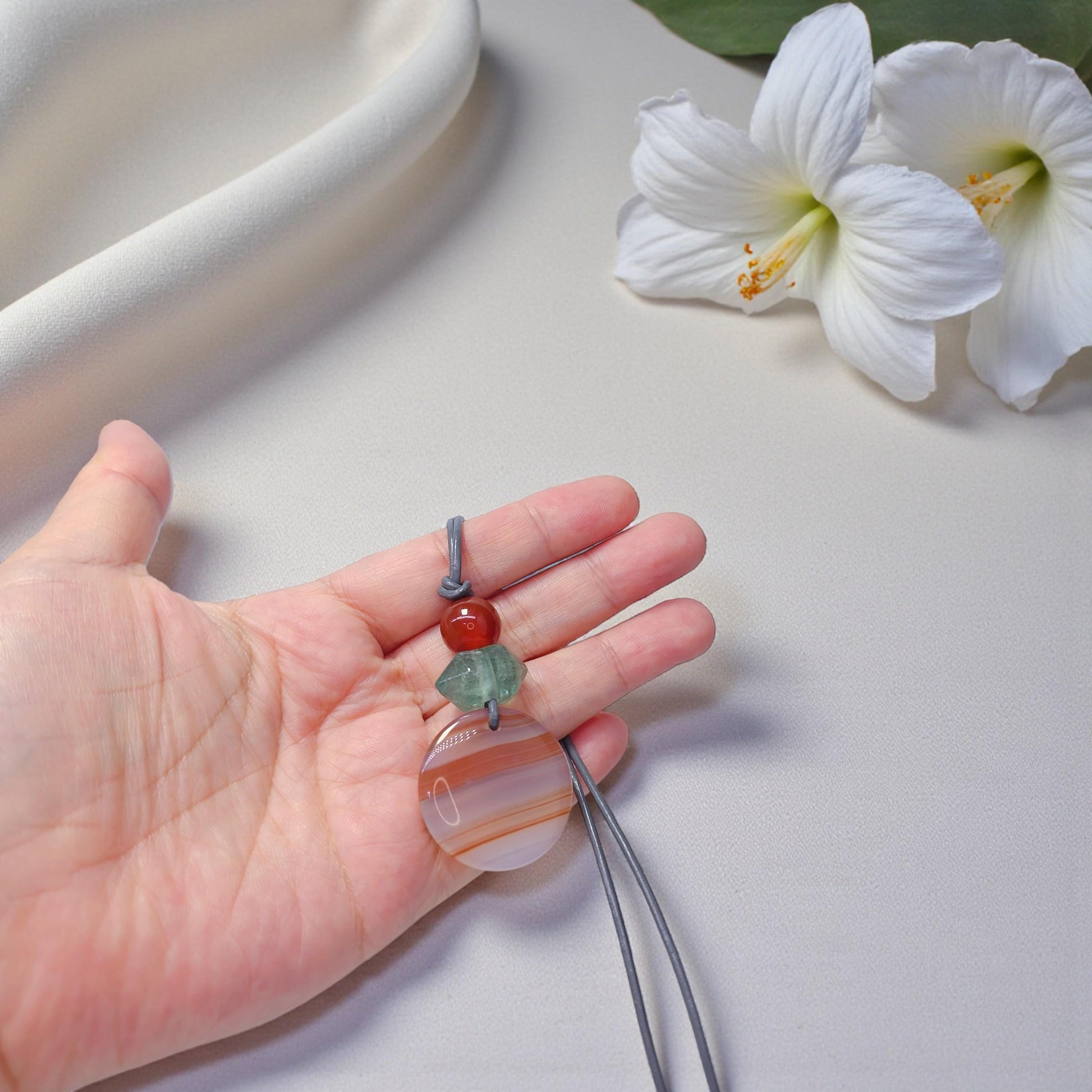 Striped Agate Necklace, Red Carnelian Chunky Geometric Pendant, Fluorite Birthstone Crystal Jewelry, Adjustable Leather Cord